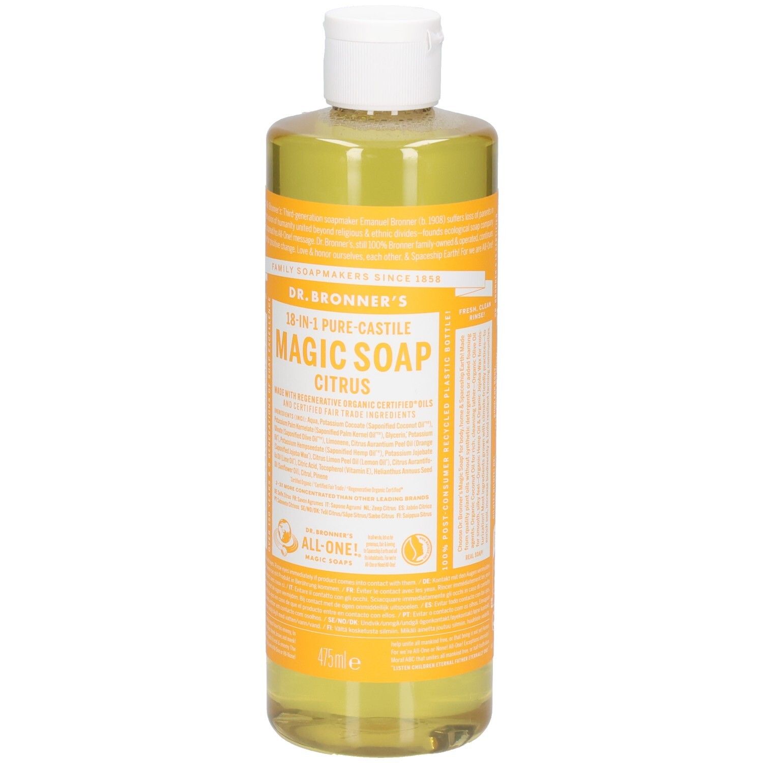 Savon Magique 18-en-1 Dr. Bronner's Agrumes dans une bouteille transparente avec bouchon blanc.