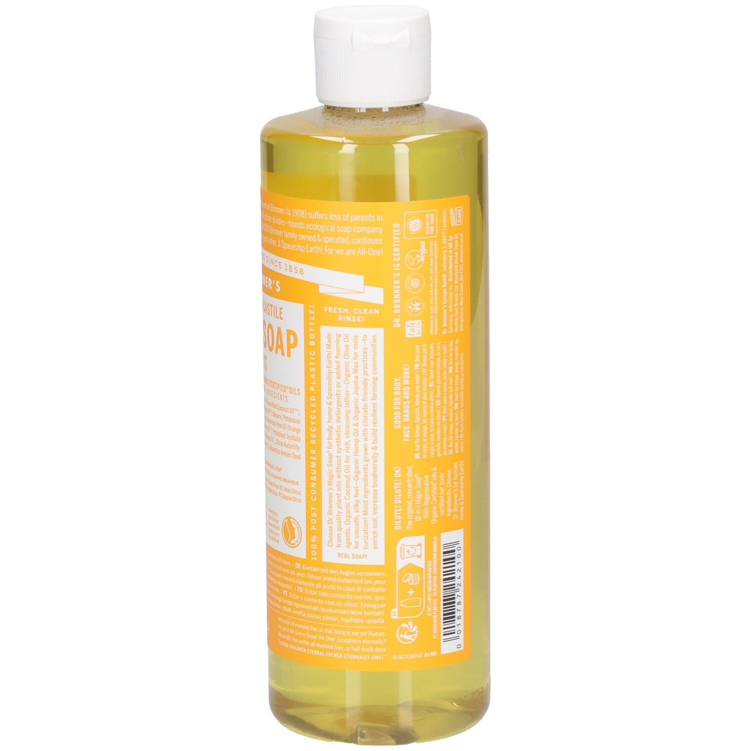 Bouteille de liquide jaune avec bouchon blanc. Étiquette avec texte. Fond blanc.