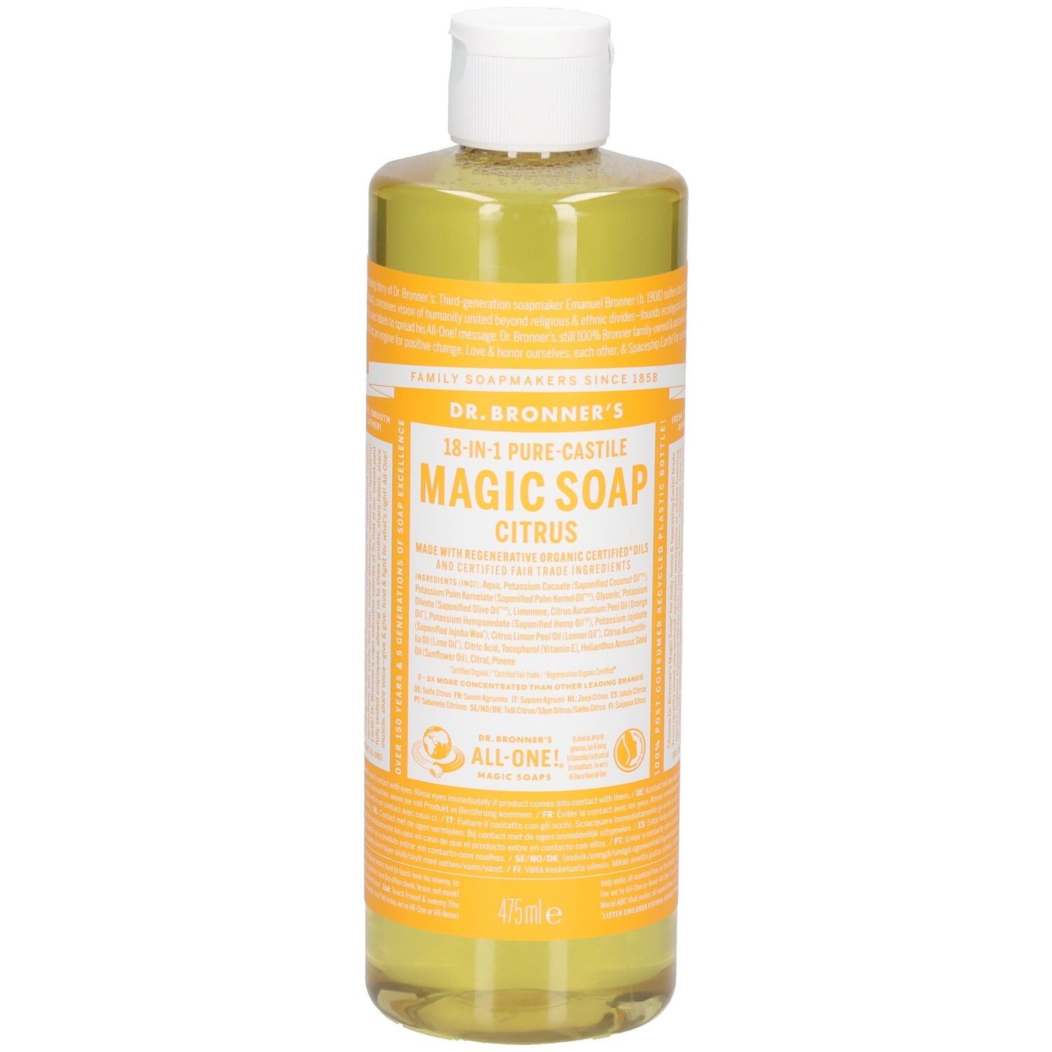 Bouteille de liquide jaune-vert avec bouchon blanc. Inscription : Dr. Bronner's 18-in-1 Pure Castile Magic Soap Citrus.