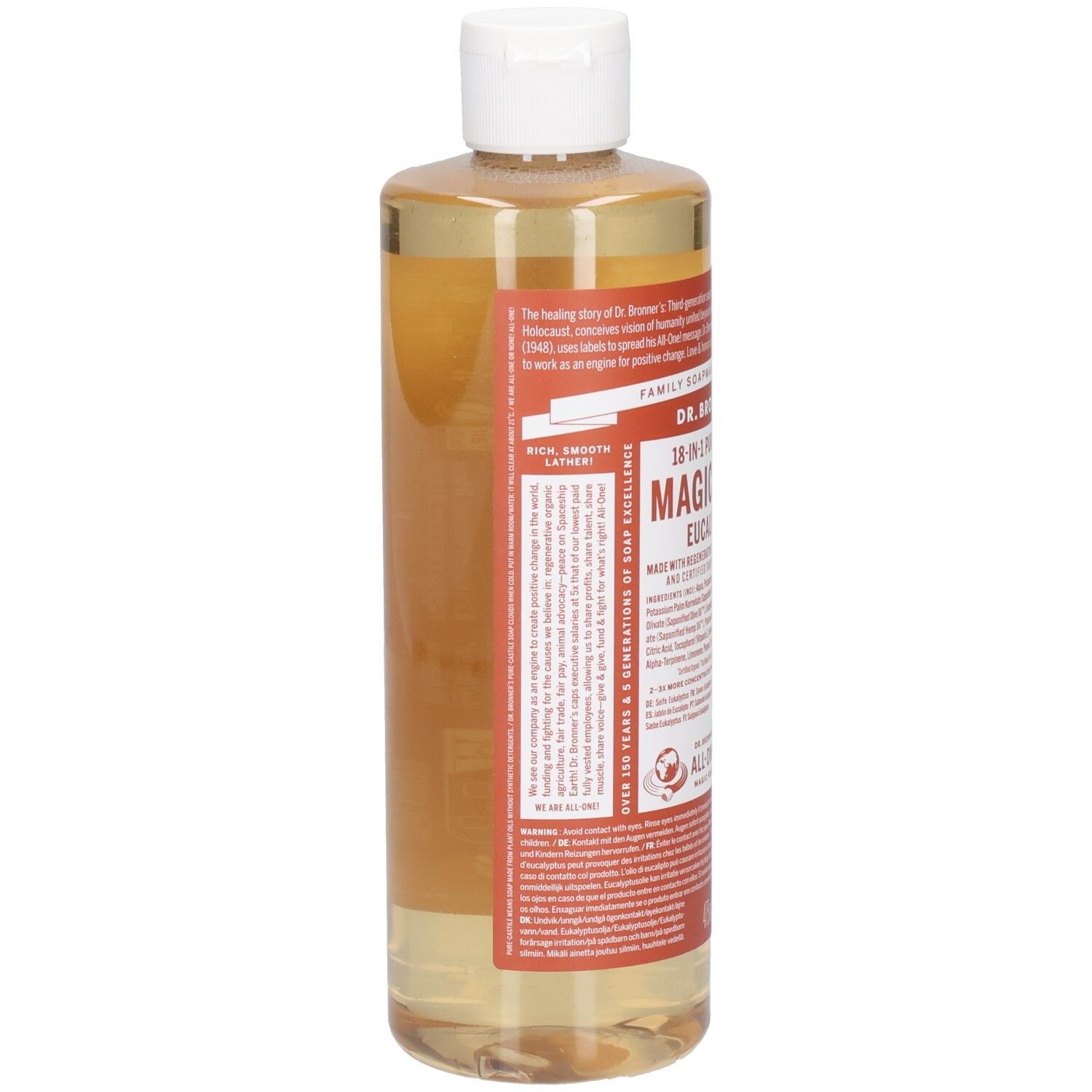 Savon liquide en bouteille. Inscription: DR. BRONNER'S 18-in-1 Pure-Castile Magic Soap Eucalyptus. Vue arrière.