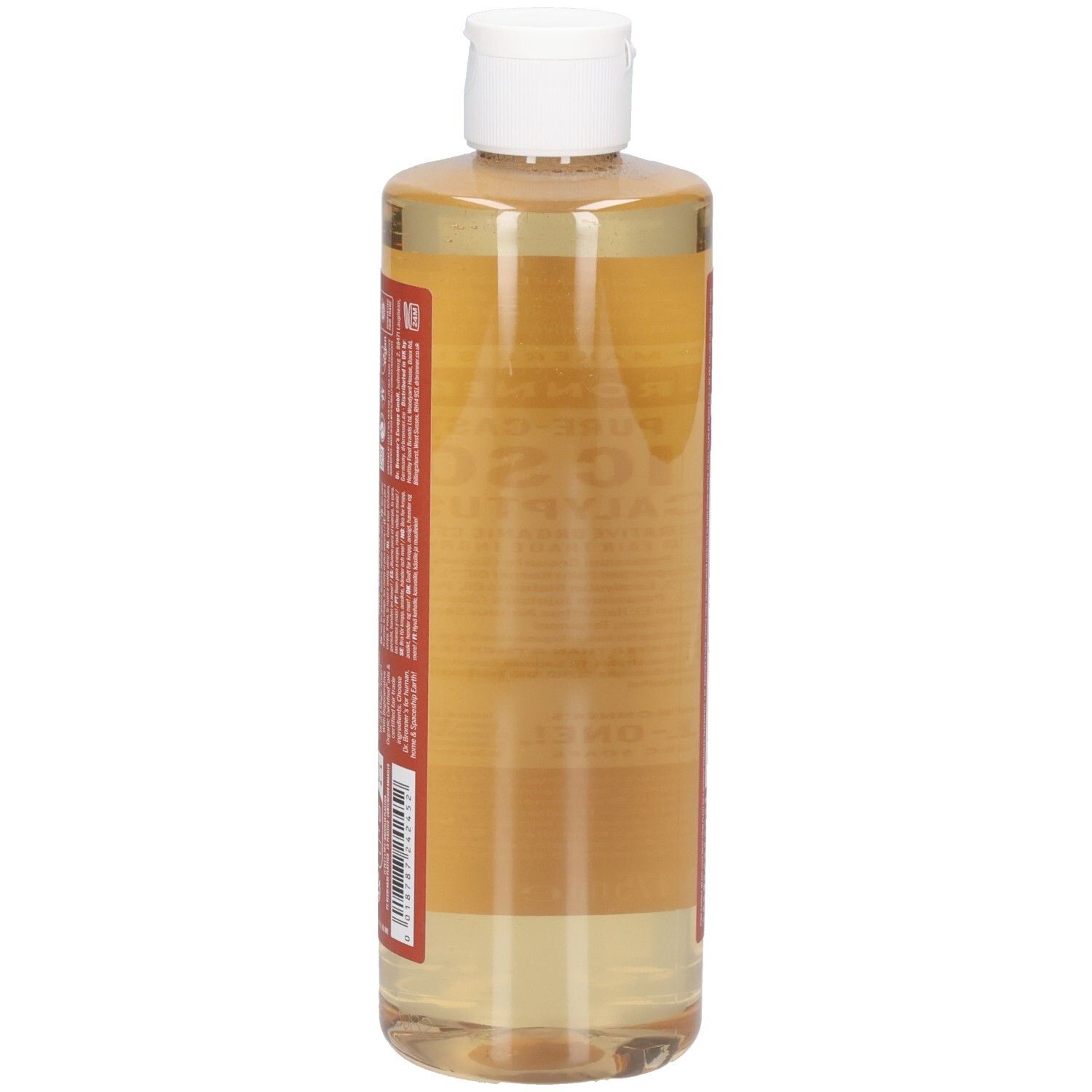 Savon liquide en bouteille. Inscription: DR. BRONNER'S 18-in-1 Pure-Castile Magic Soap Eucalyptus. Vue latérale.