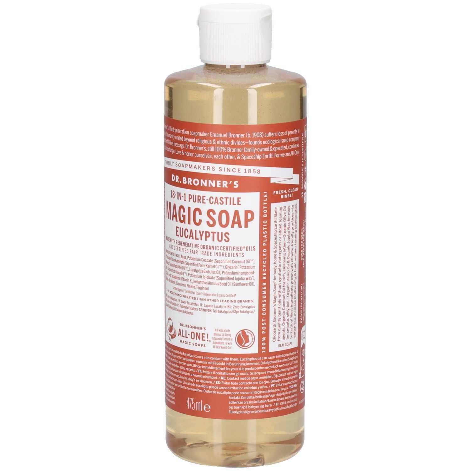 Savon liquide en bouteille. Inscription: DR. BRONNER'S 18-in-1 Pure-Castile Magic Soap Eucalyptus. 475ml.