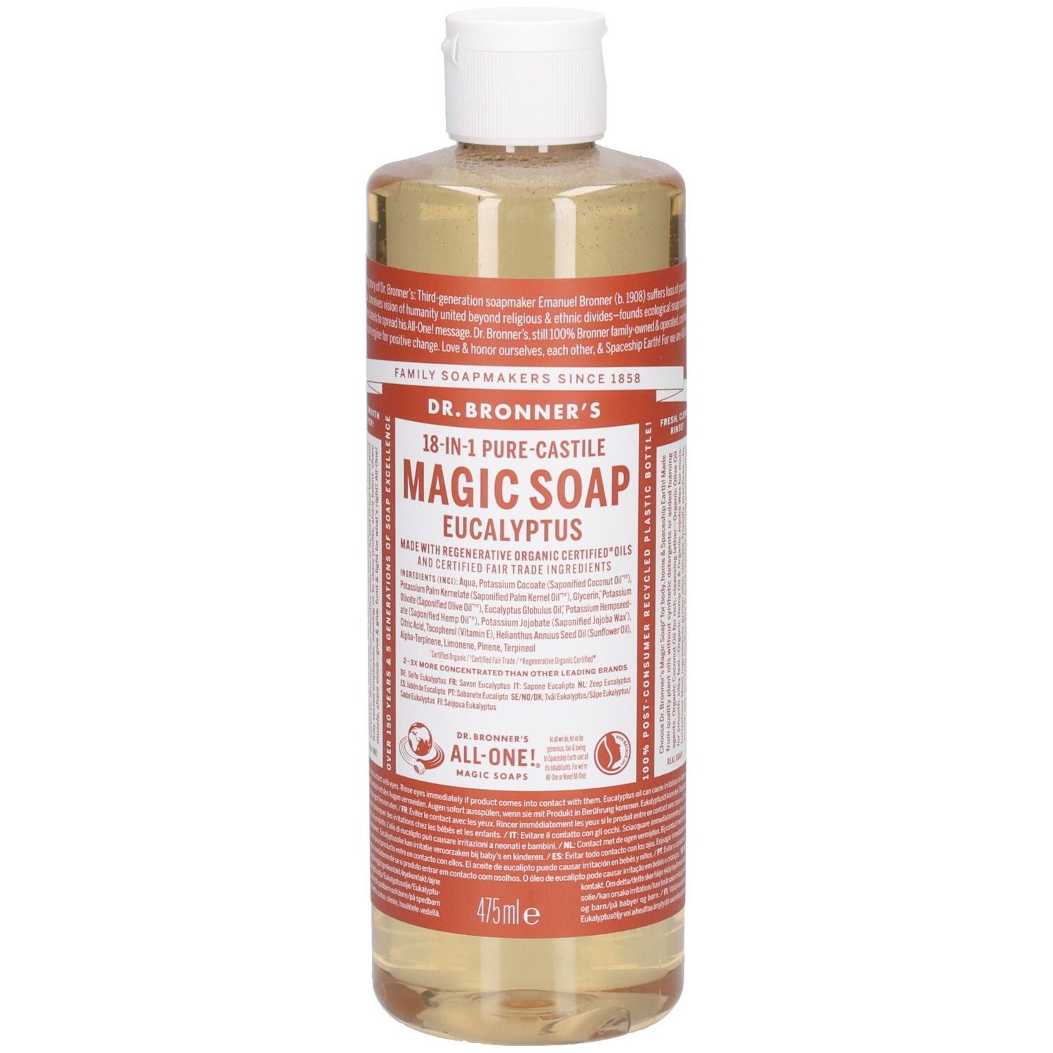 Savon liquide en bouteille. Inscription: DR. BRONNER'S 18-in-1 Pure-Castile Magic Soap Eucalyptus. 475ml.