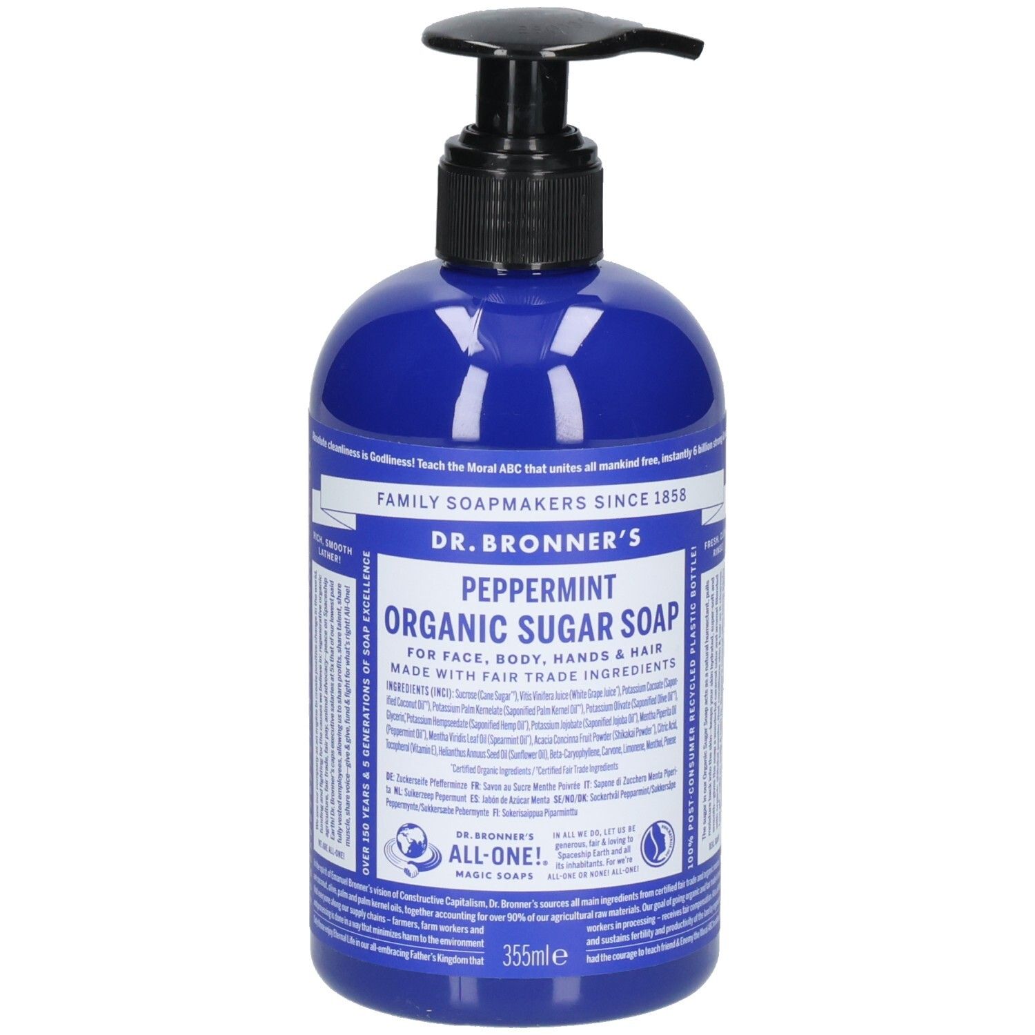 Flacon bleu avec pompe noire. Inscription: Dr. Bronner's Peppermint Organic Sugar Soap. 355ml.