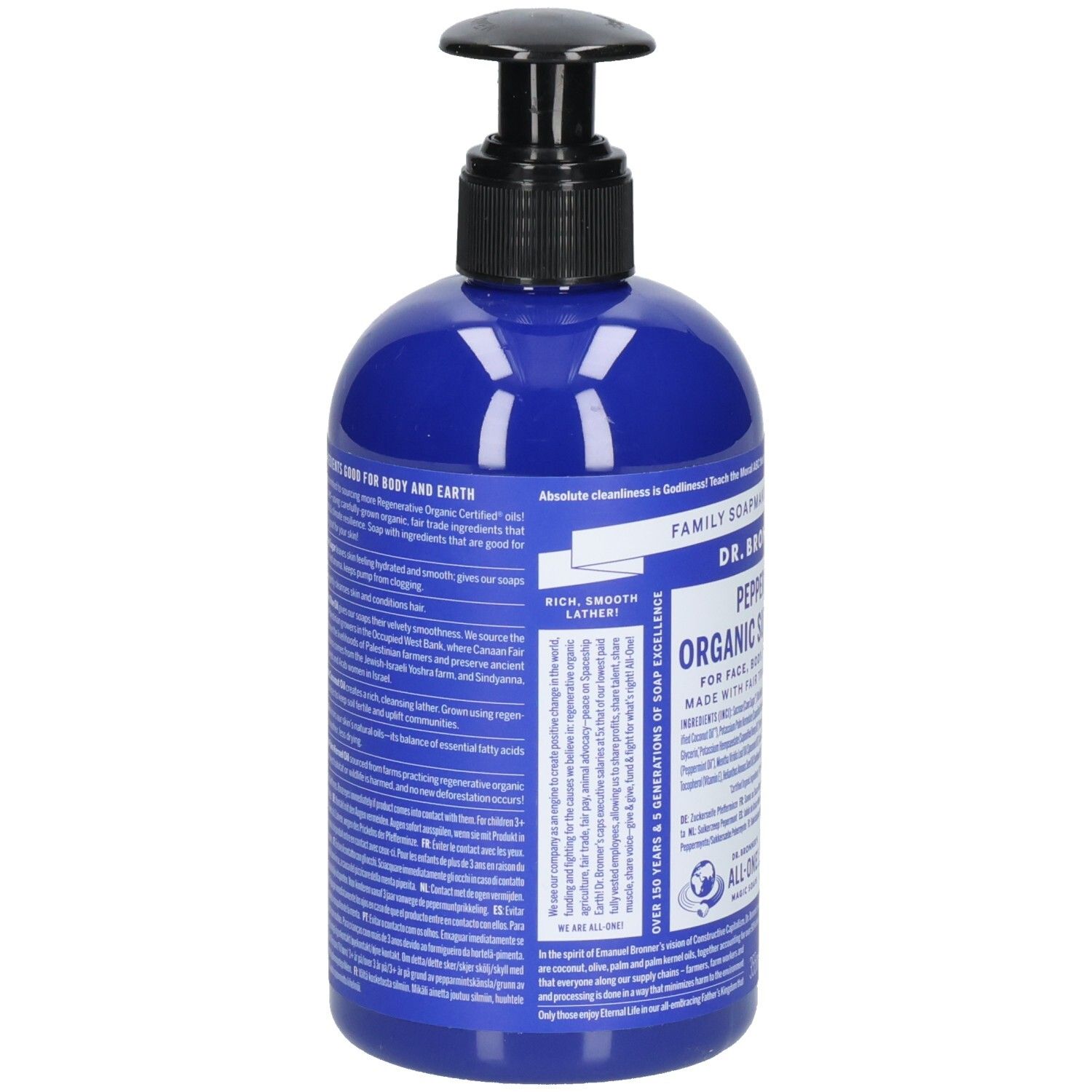 Flacon bleu avec pompe noire. Dos avec texte. Inscription: Dr. Bronner's Peppermint Organic Sugar Soap.
