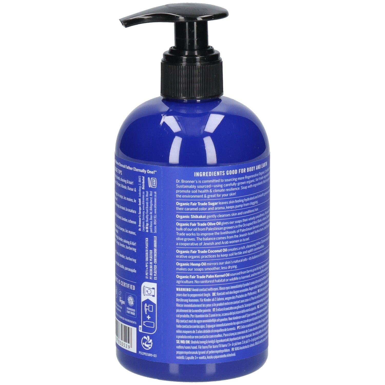 Flacon bleu avec pompe noire. Dos avec texte. Inscription: Dr. Bronner's Peppermint Organic Sugar Soap.