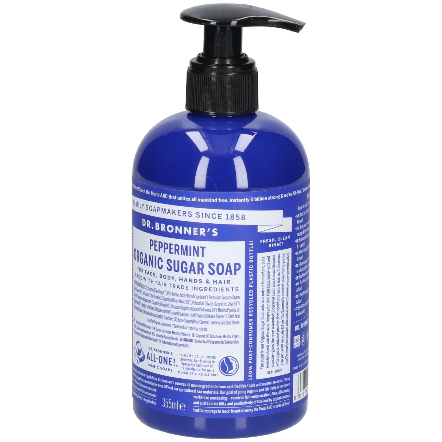 Flacon bleu avec pompe noire. Inscription: Dr. Bronner's Peppermint Organic Sugar Soap. 355ml.