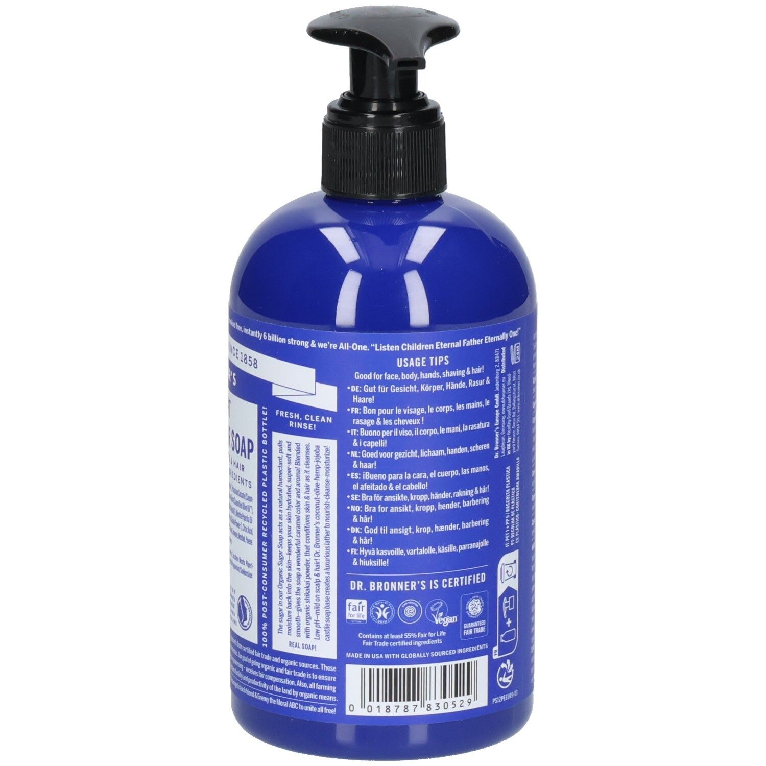 Flacon bleu avec pompe noire. Dos avec texte. Inscription: Dr. Bronner's Peppermint Organic Sugar Soap.