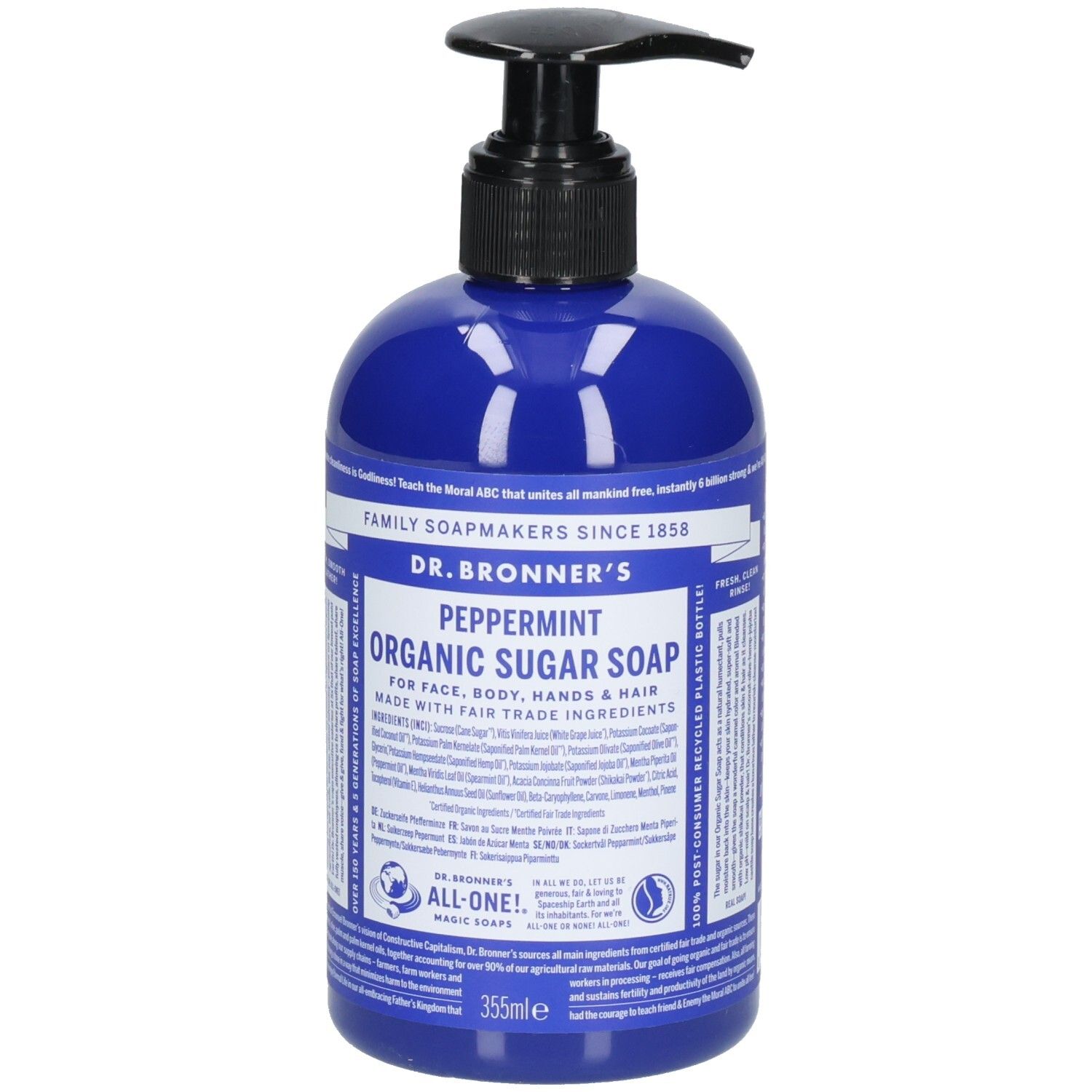 Flacon bleu avec pompe noire. Inscription: Dr. Bronner's Peppermint Organic Sugar Soap. 355ml.