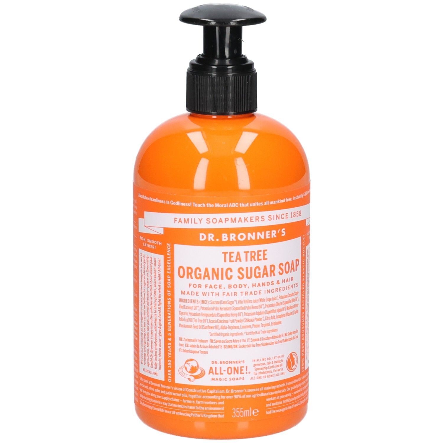 Flacon orange avec pompe noire. Inscription: Tea Tree Organic Sugar Soap. Marque: Dr. Bronner's.