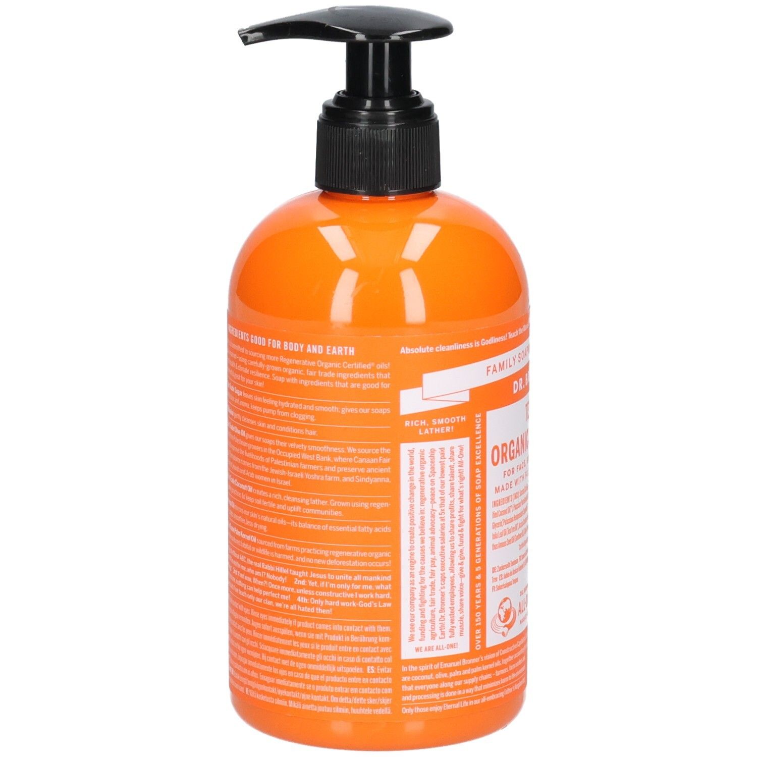 Dos du flacon orange avec pompe noire. Texte sur fond blanc.