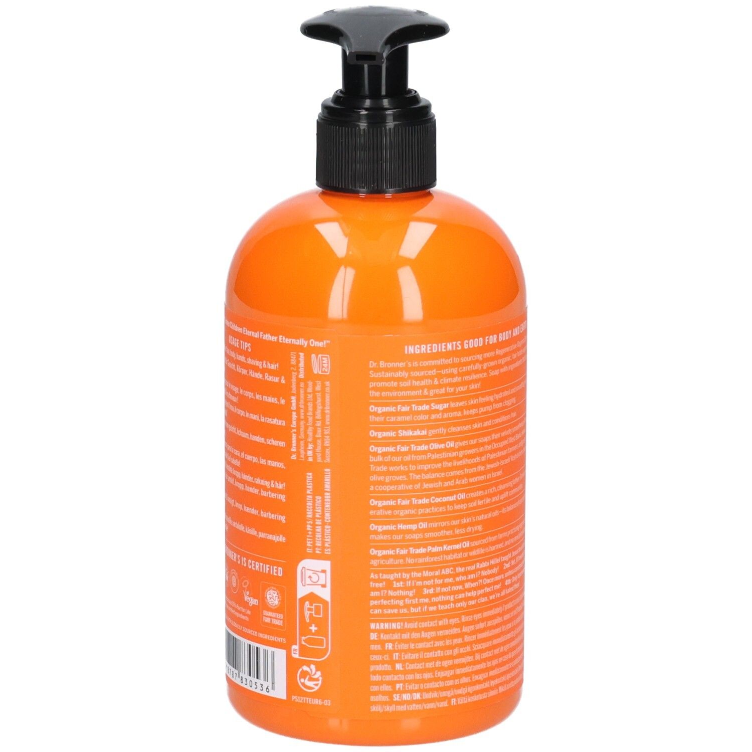 Dos du flacon orange avec pompe noire. Texte et logos sur fond blanc.