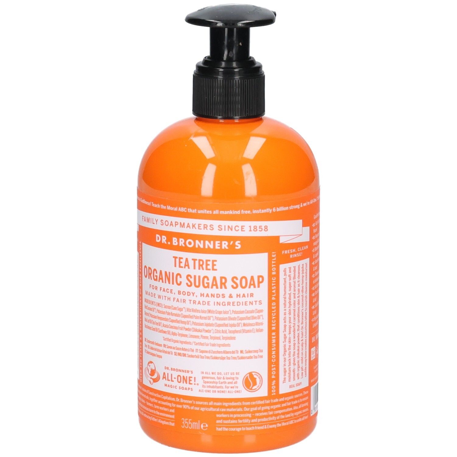 Flacon orange avec pompe noire. Inscription: Tea Tree Organic Sugar Soap. Marque: Dr. Bronner's.