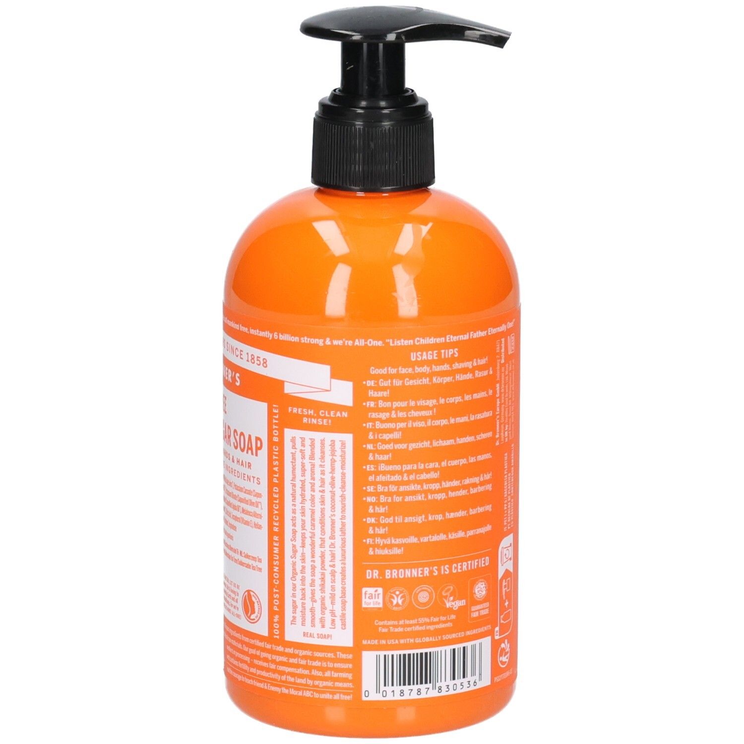 Dos du flacon orange avec pompe noire. Texte et logos sur fond blanc.