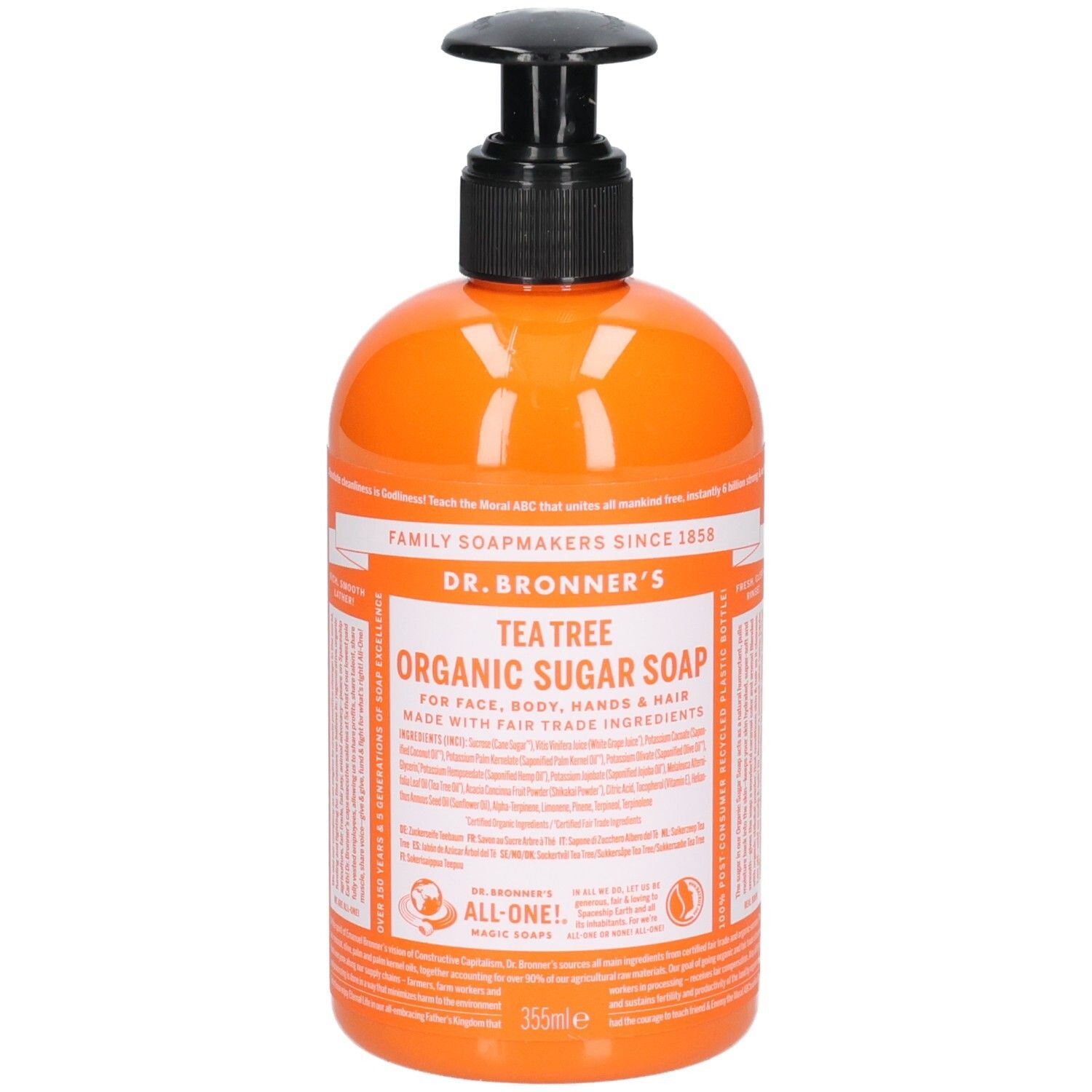Flacon orange avec pompe noire. Inscription: Tea Tree Organic Sugar Soap. Marque: Dr. Bronner's.