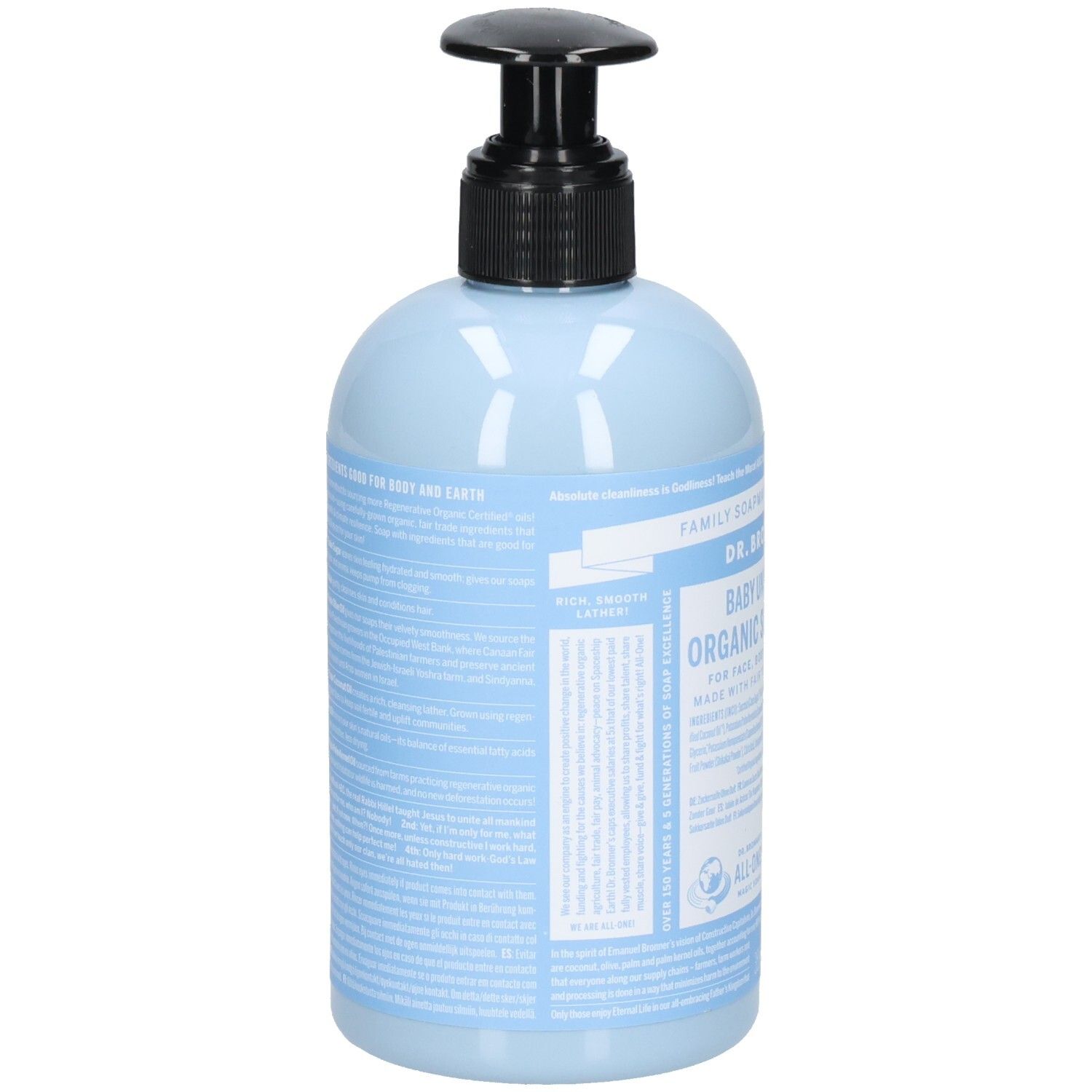 Flacon bleu clair avec pompe noire, vue arrière. Texte au dos. Inscription : Dr. Bronner's.
