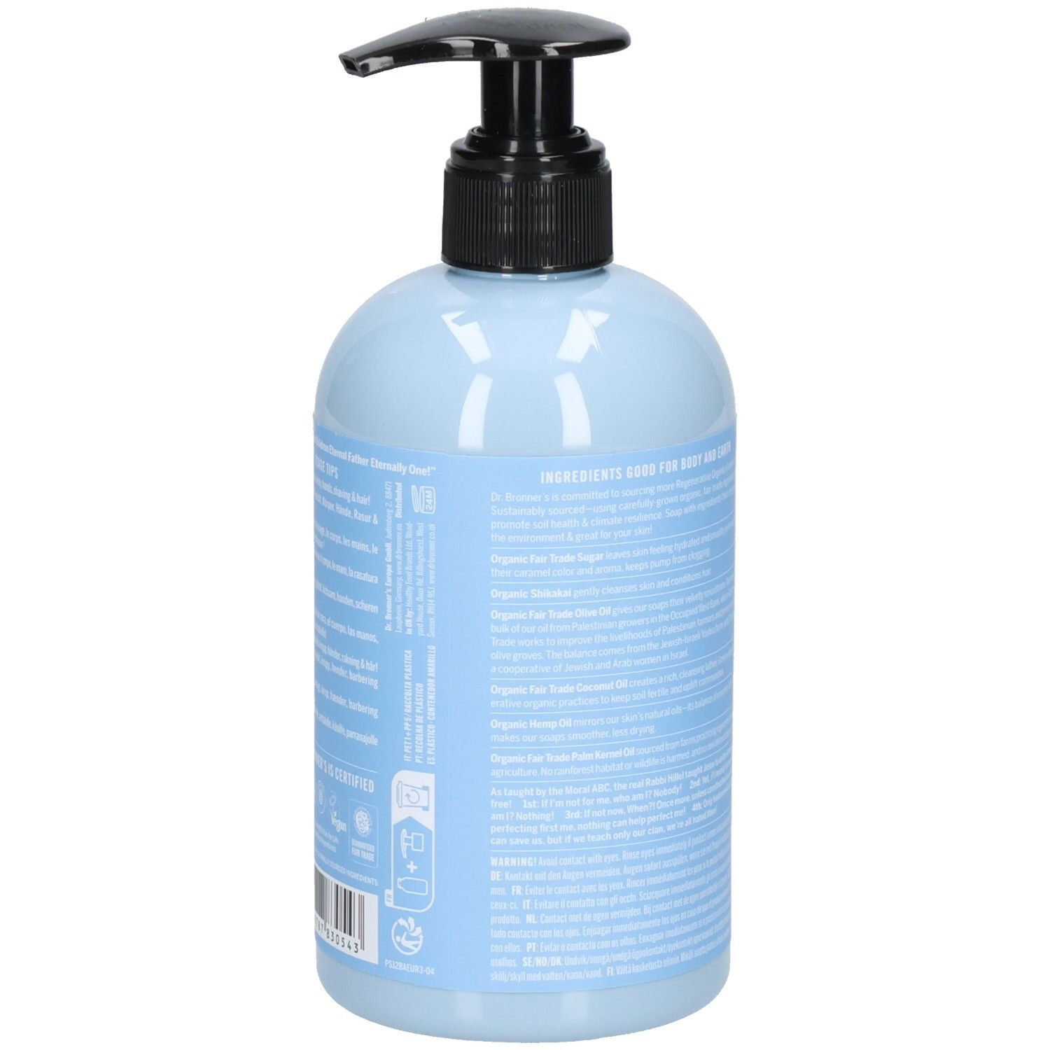 Flacon bleu clair avec pompe noire, vue arrière. Texte au dos. Inscription : Dr. Bronner's.