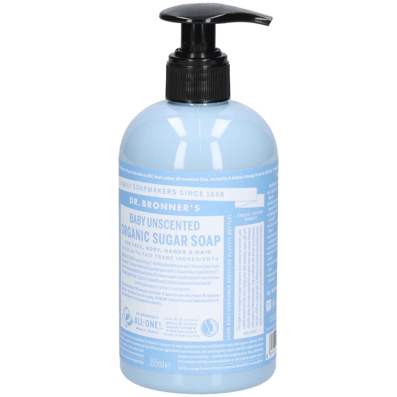 Flacon bleu clair avec pompe noire. Inscription : Dr. Bronner's Baby Unscented Organic Sugar Soap.