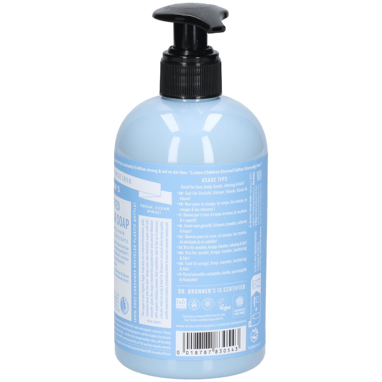 Flacon bleu clair avec pompe noire, vue arrière. Texte au dos. Inscription : Dr. Bronner's.