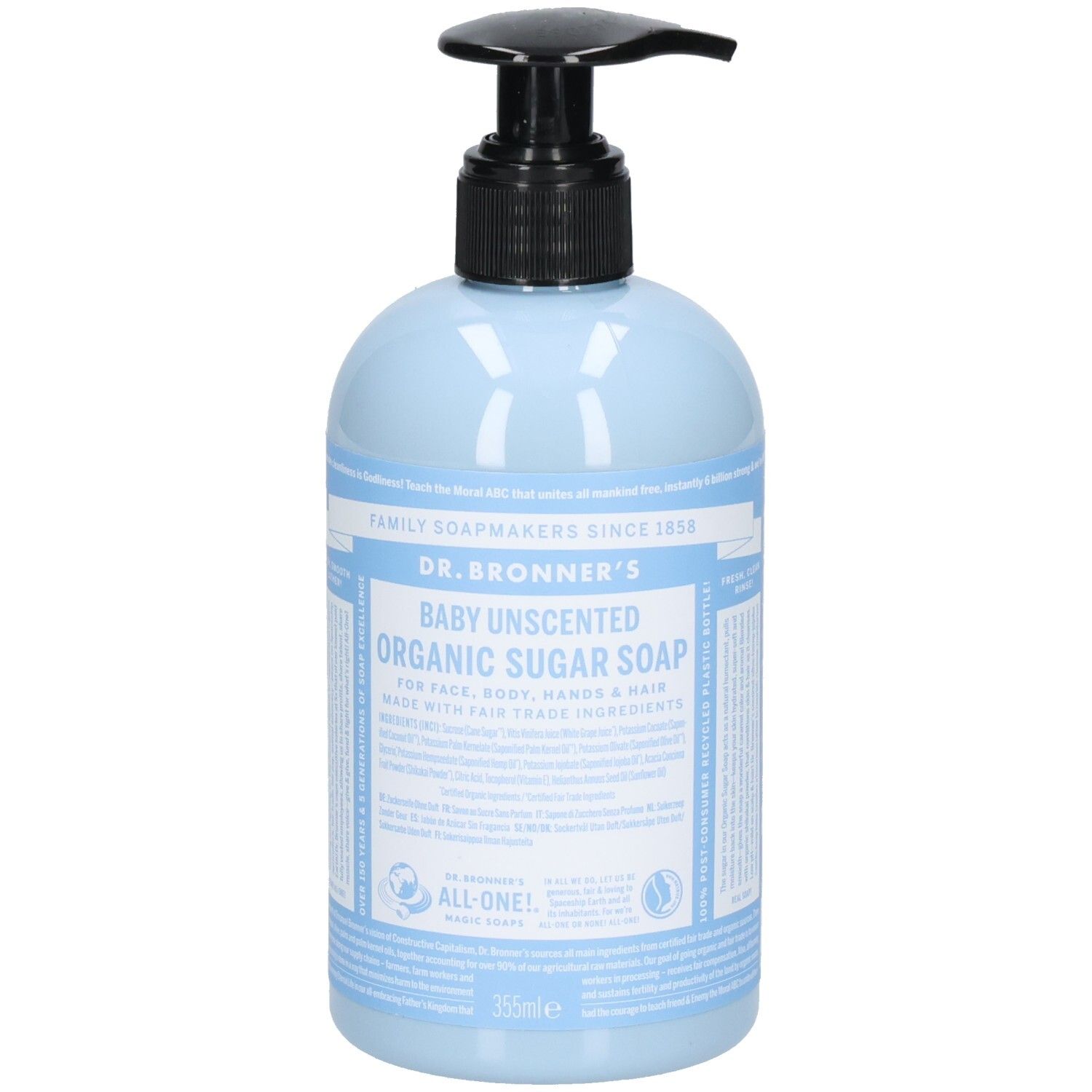 Flacon bleu clair avec pompe noire. Inscription : Dr. Bronner's Baby Unscented Organic Sugar Soap.