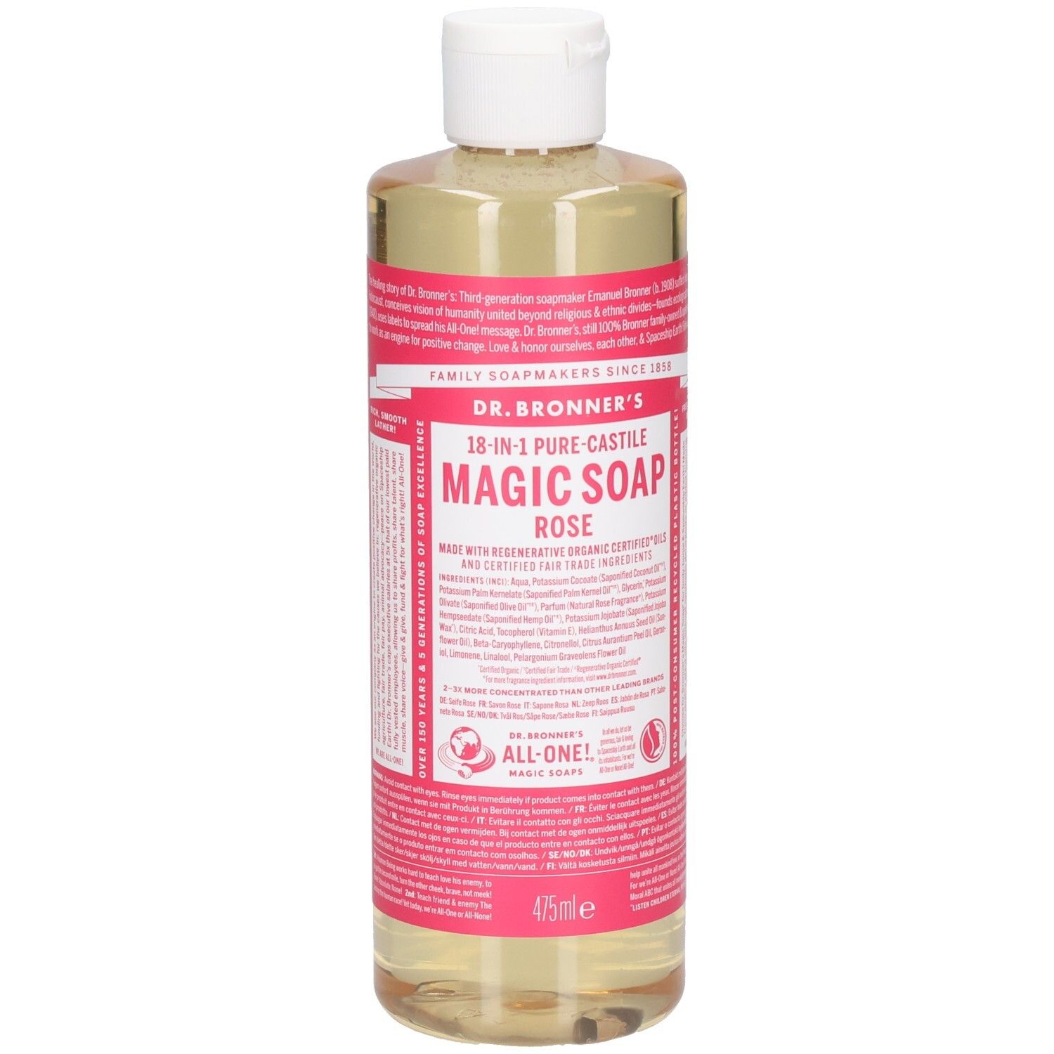 Bouteille de savon Dr. Bronner's Magic Rose. Étiquette rose avec texte. Bouchon blanc. Liquide clair.