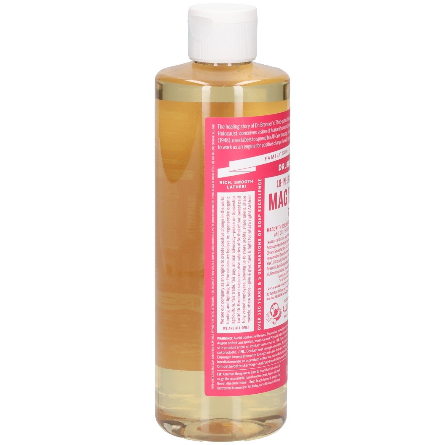 Vue arrière d'une bouteille de savon Dr. Bronner's Magic Rose. Étiquette rose avec texte. Bouchon blanc. Liquide clair.