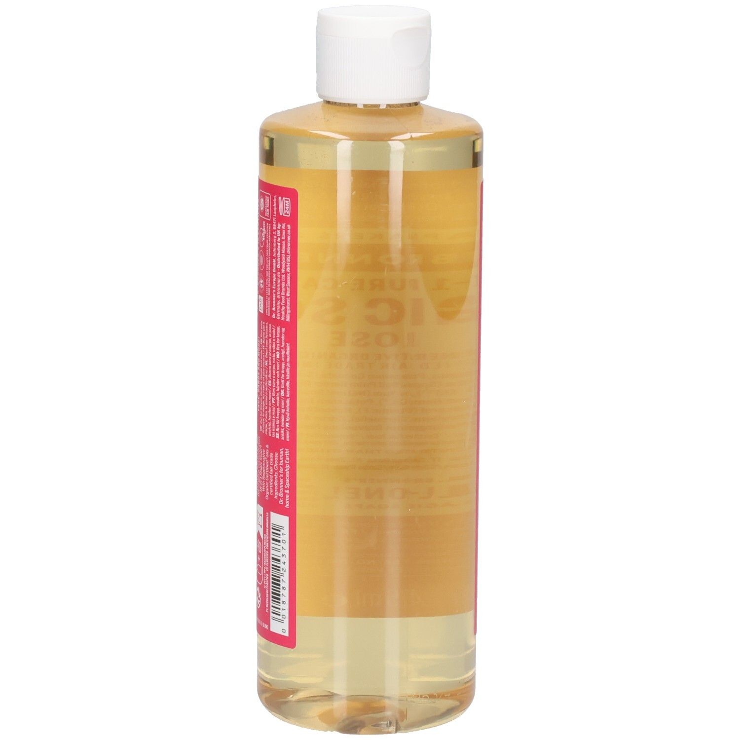 Vue latérale d'une bouteille de savon Dr. Bronner's Magic Rose. Étiquette rose avec texte. Bouchon blanc. Liquide clair.