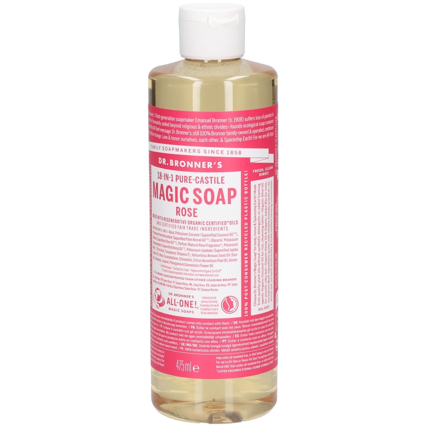 Bouteille de savon Dr. Bronner's Magic Rose. Étiquette rose avec texte. Bouchon blanc. Liquide clair.