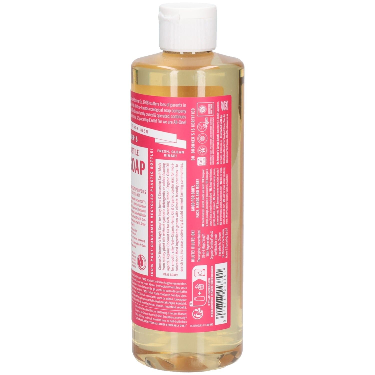 Vue arrière d'une bouteille de savon Dr. Bronner's Magic Rose. Étiquette rose avec texte. Bouchon blanc. Liquide clair.
