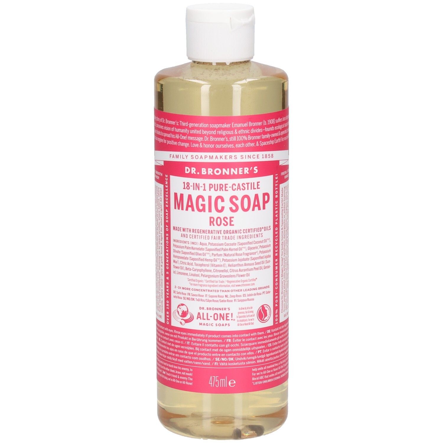 Bouteille de savon Dr. Bronner's Magic Rose. Étiquette rose avec texte. Bouchon blanc. Liquide clair.