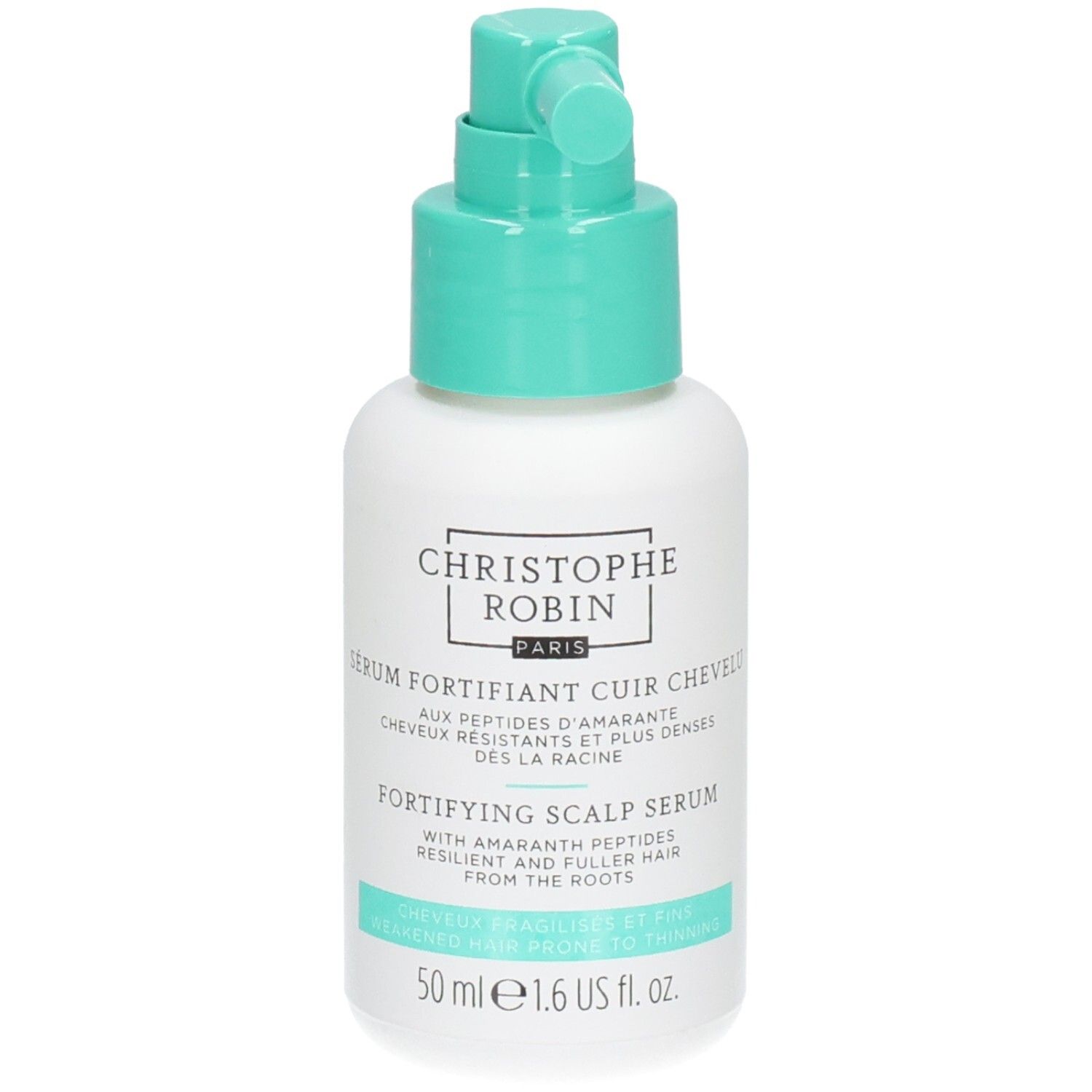 Flacon blanc avec vaporisateur turquoise. Inscription: SÉRUM FORTIFIANT CUIR CHEVELU, FORTIFYING SCALP SERUM. 50 ml.