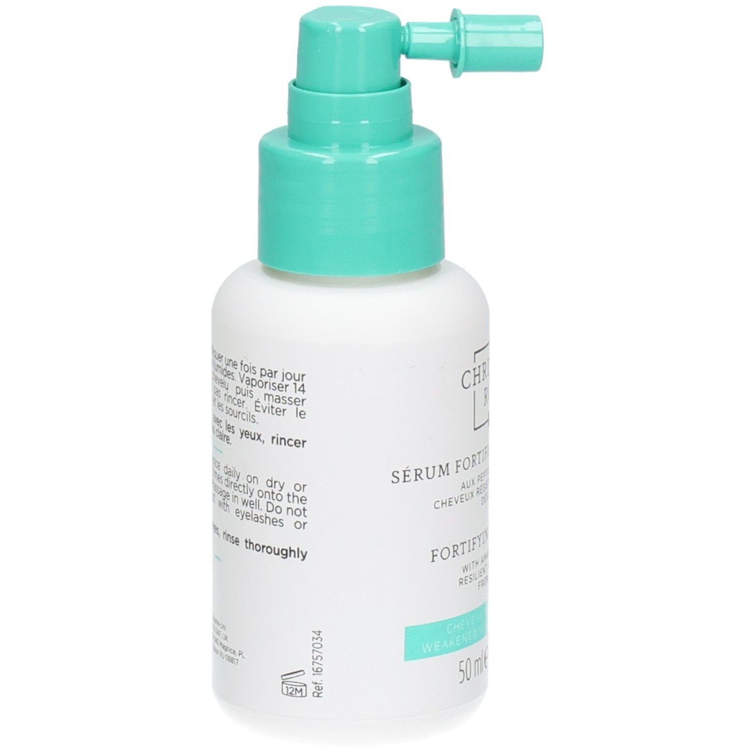 Dos d'un flacon blanc avec vaporisateur turquoise. Texte: instructions d'utilisation et ingrédients. 50 ml.