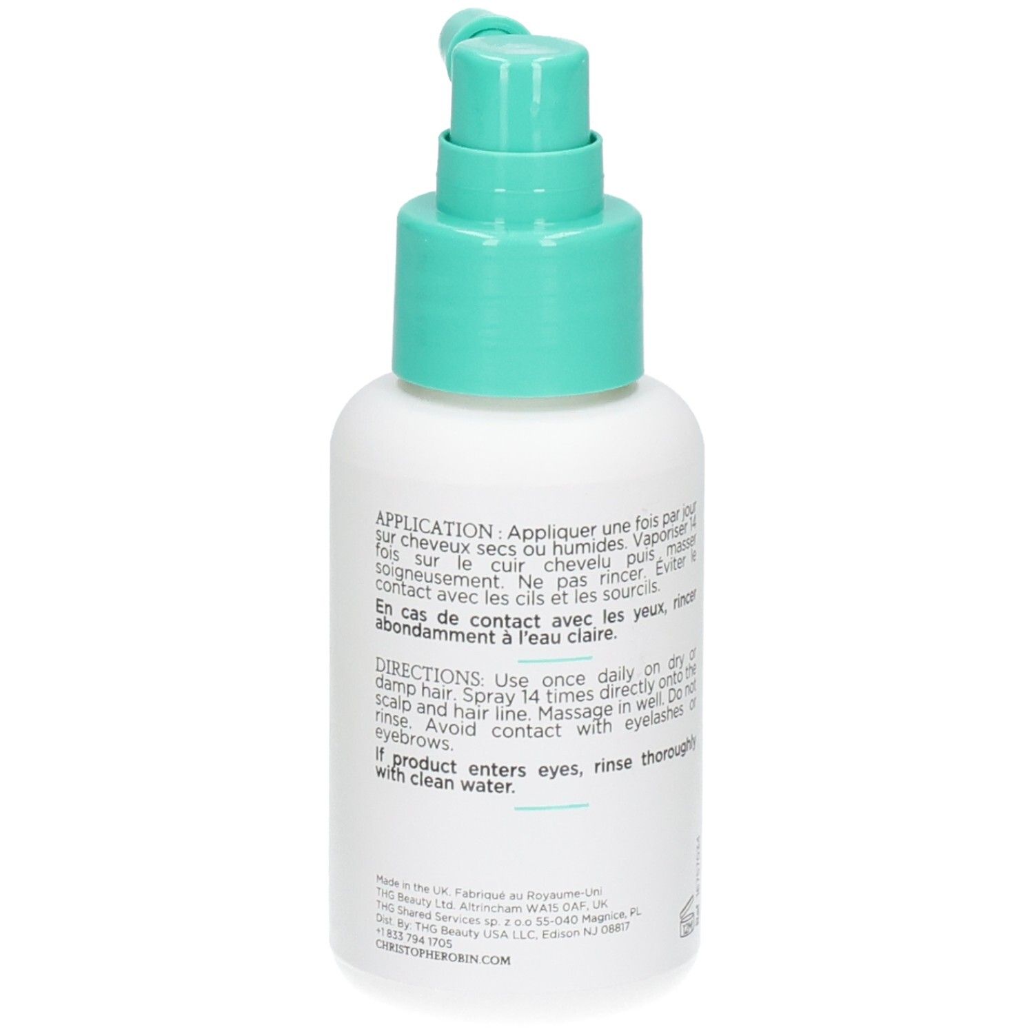 Dos d'un flacon blanc avec vaporisateur turquoise. Texte: instructions d'utilisation et ingrédients. 50 ml.