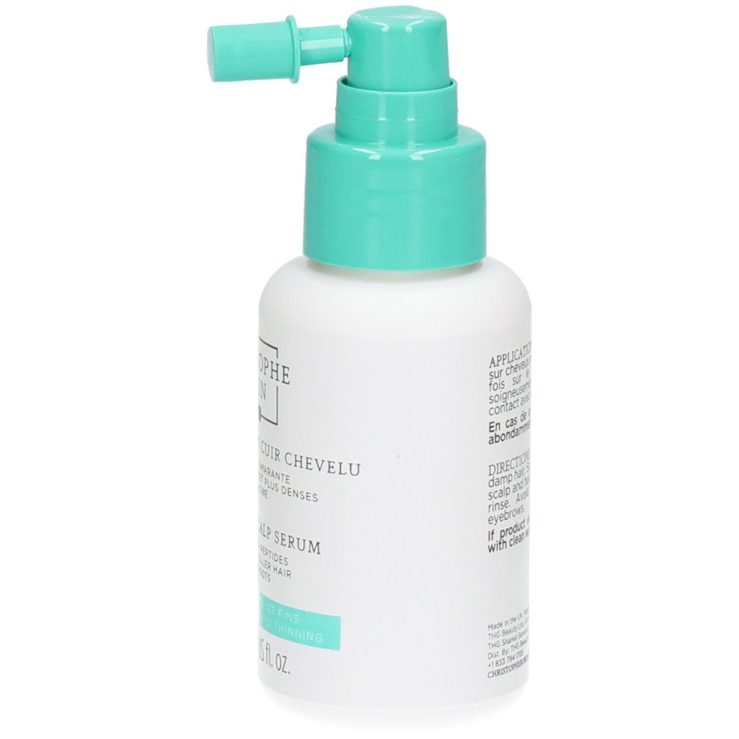 Flacon blanc avec vaporisateur turquoise. Inscription: SÉRUM FORTIFIANT CUIR CHEVELU, FORTIFYING SCALP SERUM. 50 ml.