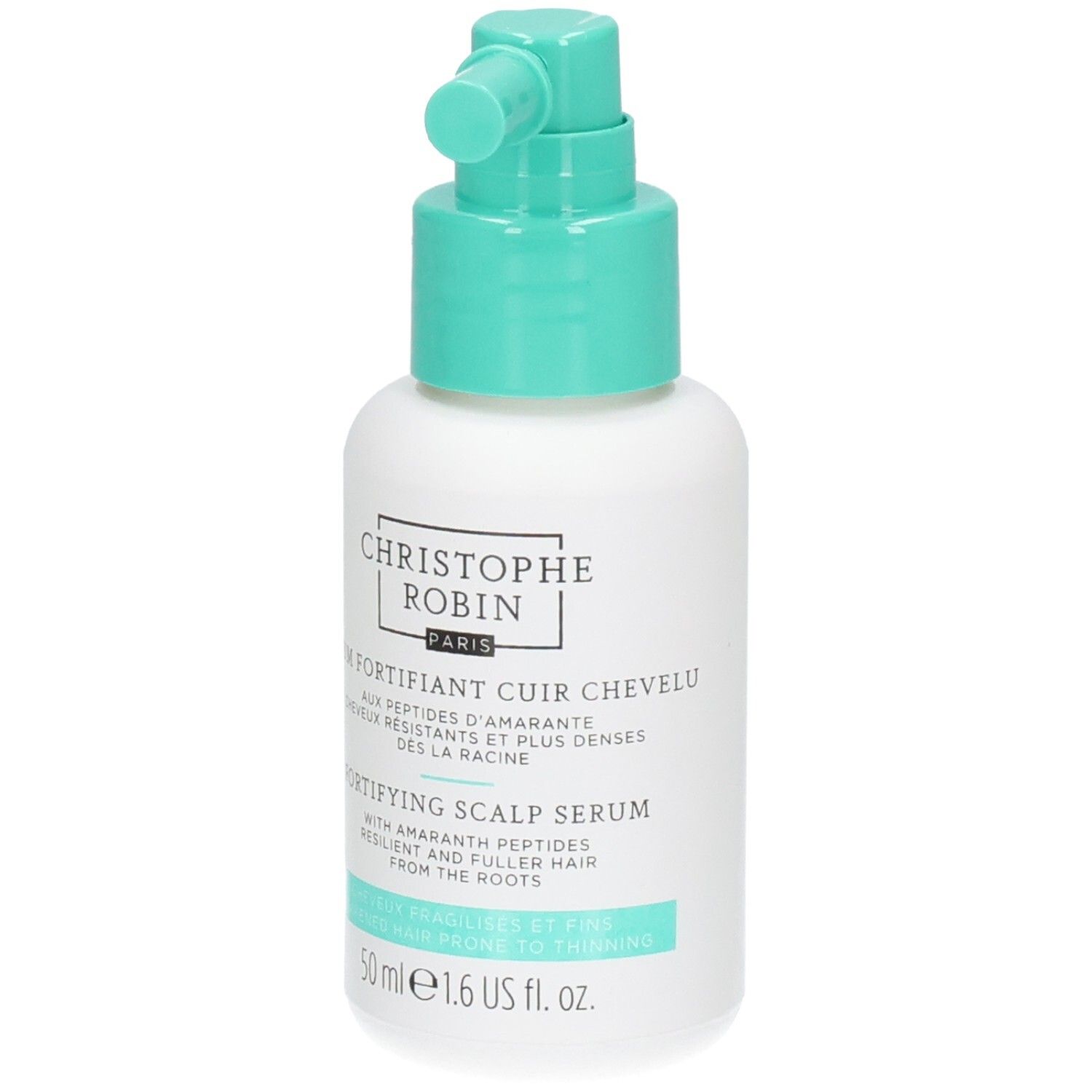 Flacon blanc avec vaporisateur turquoise. Inscription: SÉRUM FORTIFIANT CUIR CHEVELU, FORTIFYING SCALP SERUM. 50 ml.