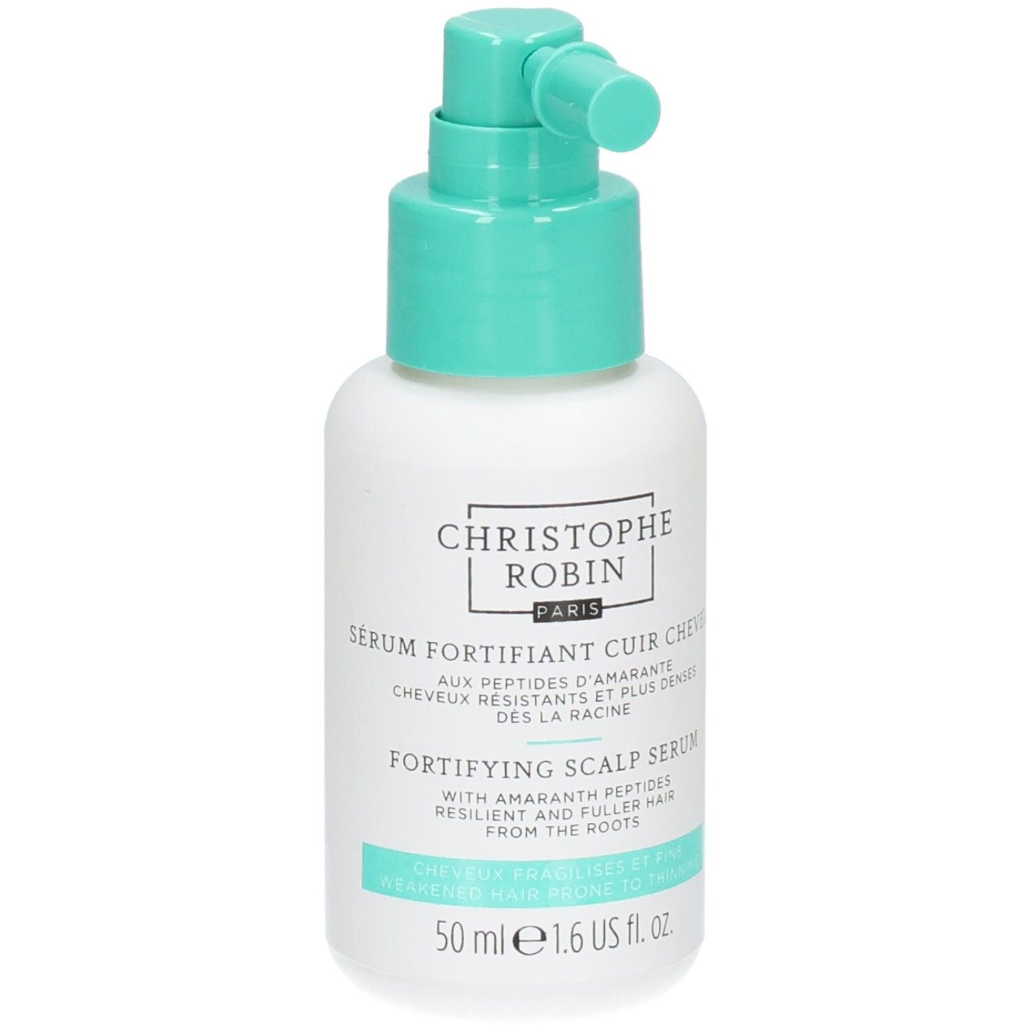 Flacon blanc avec vaporisateur turquoise. Inscription: SÉRUM FORTIFIANT CUIR CHEVELU, FORTIFYING SCALP SERUM. 50 ml.