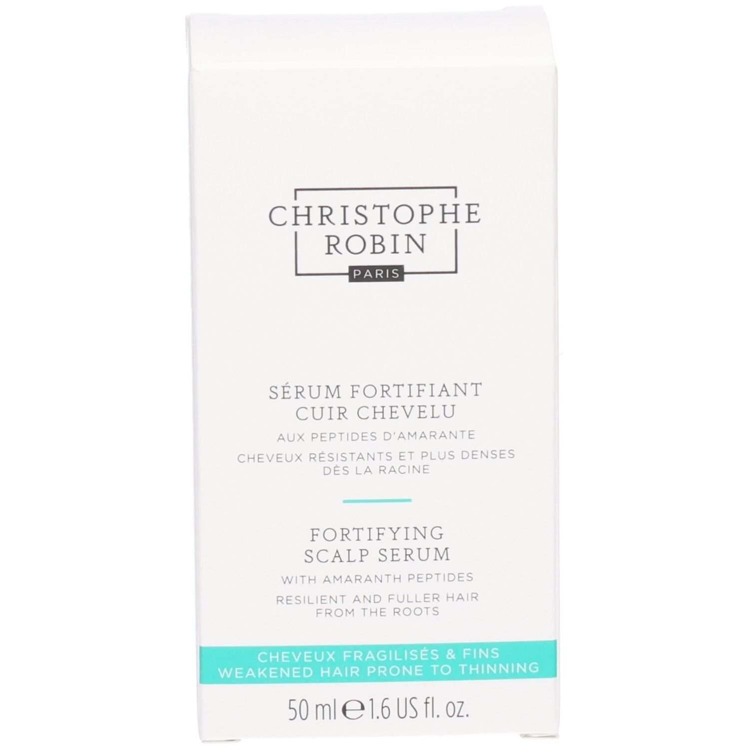 Emballage blanc. Inscription: SÉRUM FORTIFIANT CUIR CHEVELU, FORTIFYING SCALP SERUM. 50 ml.