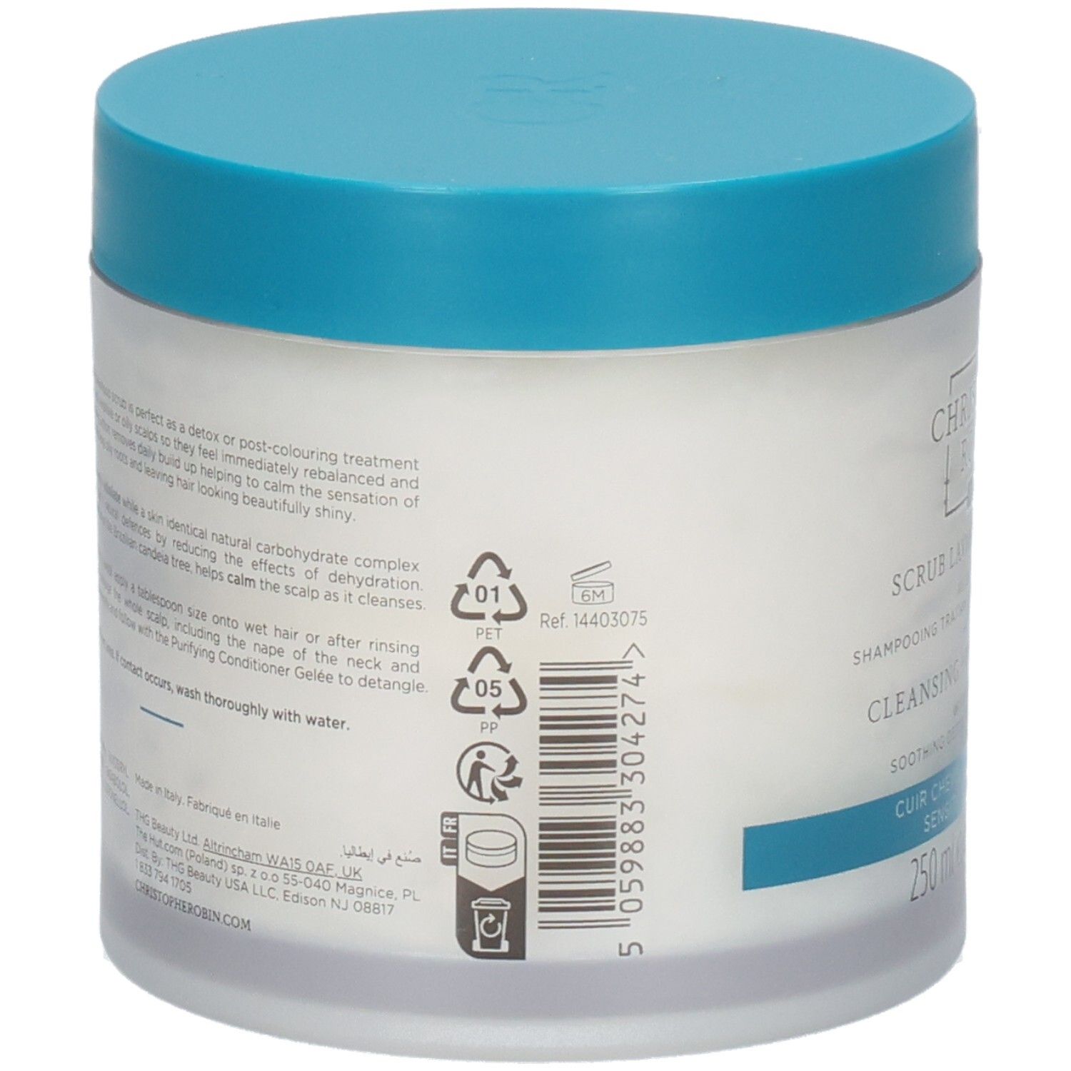 Dos du Christophe Robin Scrub Lavant Purifiant avec ingrédients et symboles de recyclage.