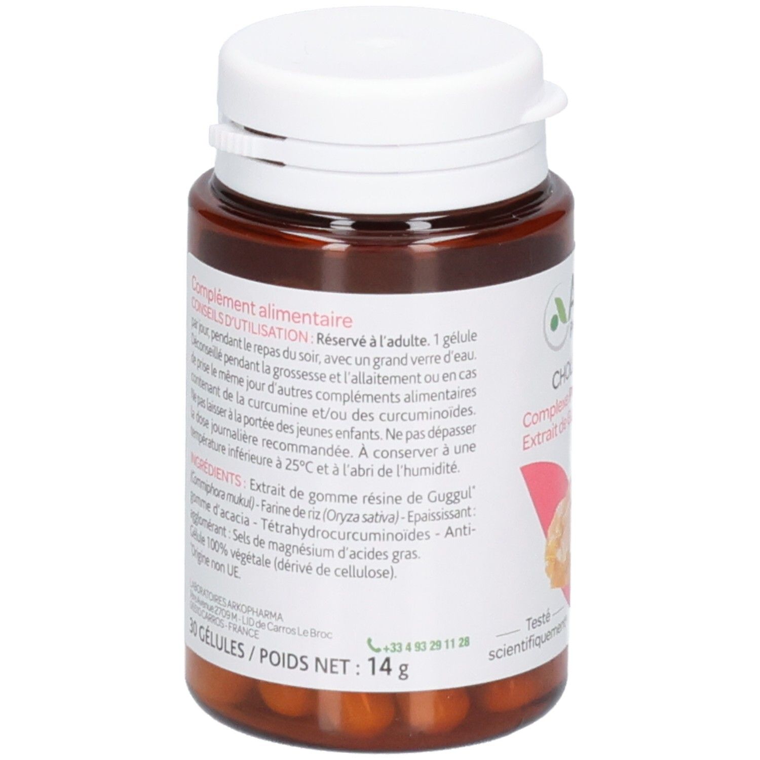 Dos du flacon brun avec bouchon blanc. Étiquette avec informations et ingrédients du produit. 30 gélules. Poids net : 14 g.