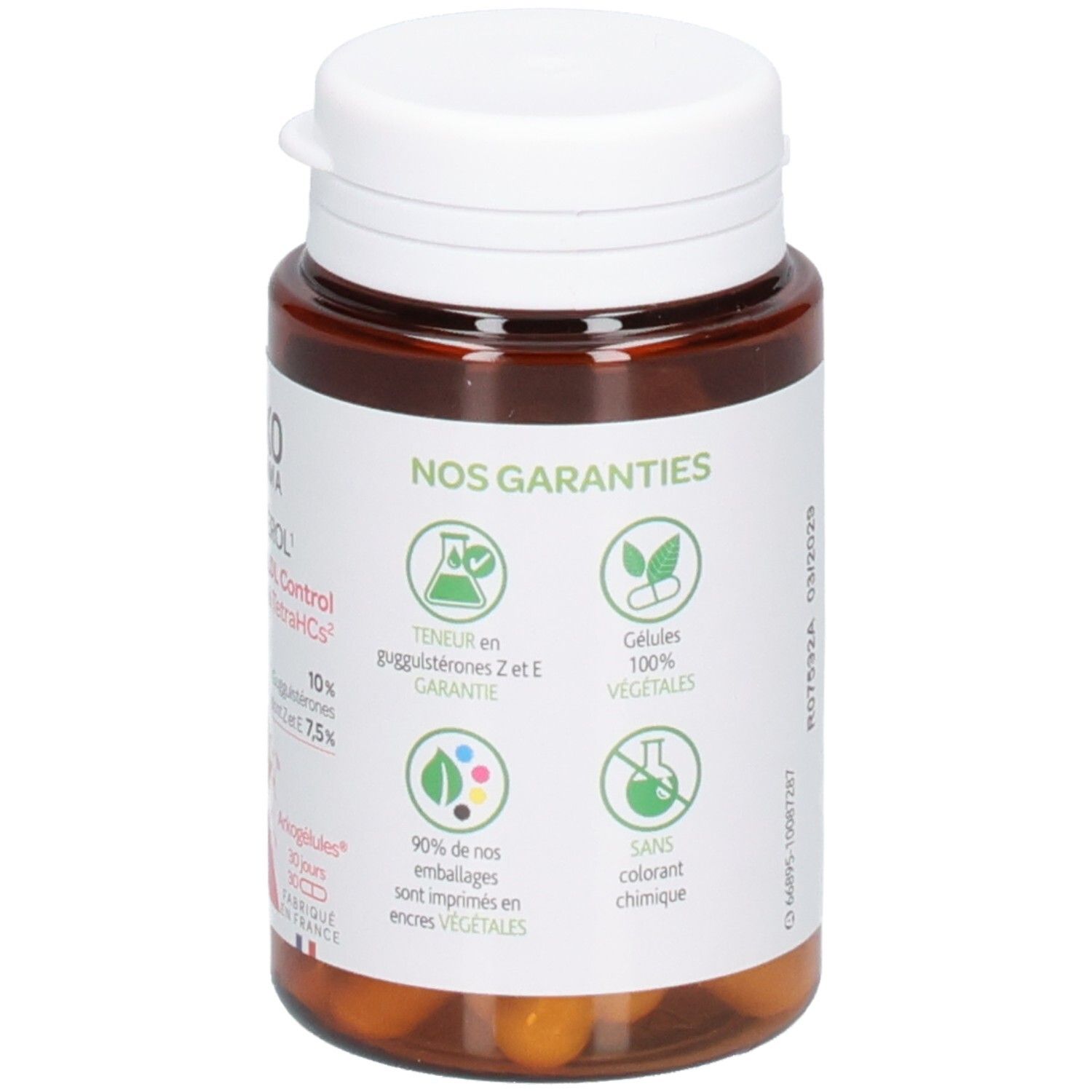 Flacon brun avec bouchon blanc. Étiquette avec garanties. Symboles de qualité et d'ingrédients. Gélules à base de cellules végétales.