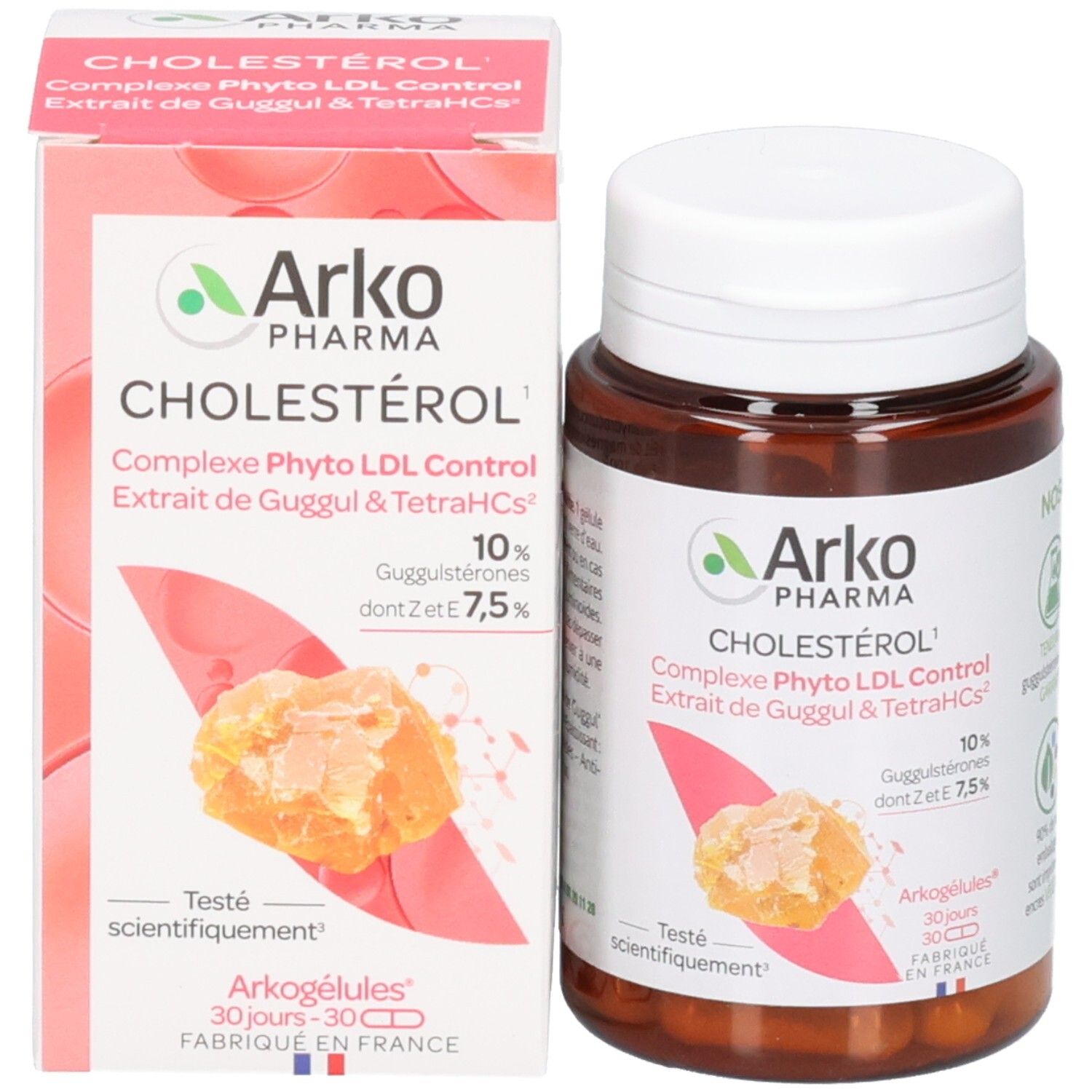 Emballage du produit avec flacon et boîte. Flacon : brun, bouchon blanc, gélules. Boîte : nom du produit, logo, ingrédients.