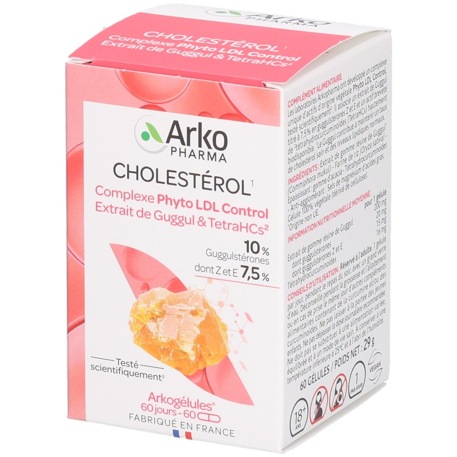 Boîte avec informations produit. Inscription: Cholestérol, Complexe Phyto LDL Control. Marque: Arko Pharma. Illustration d'extrait de Guggul.