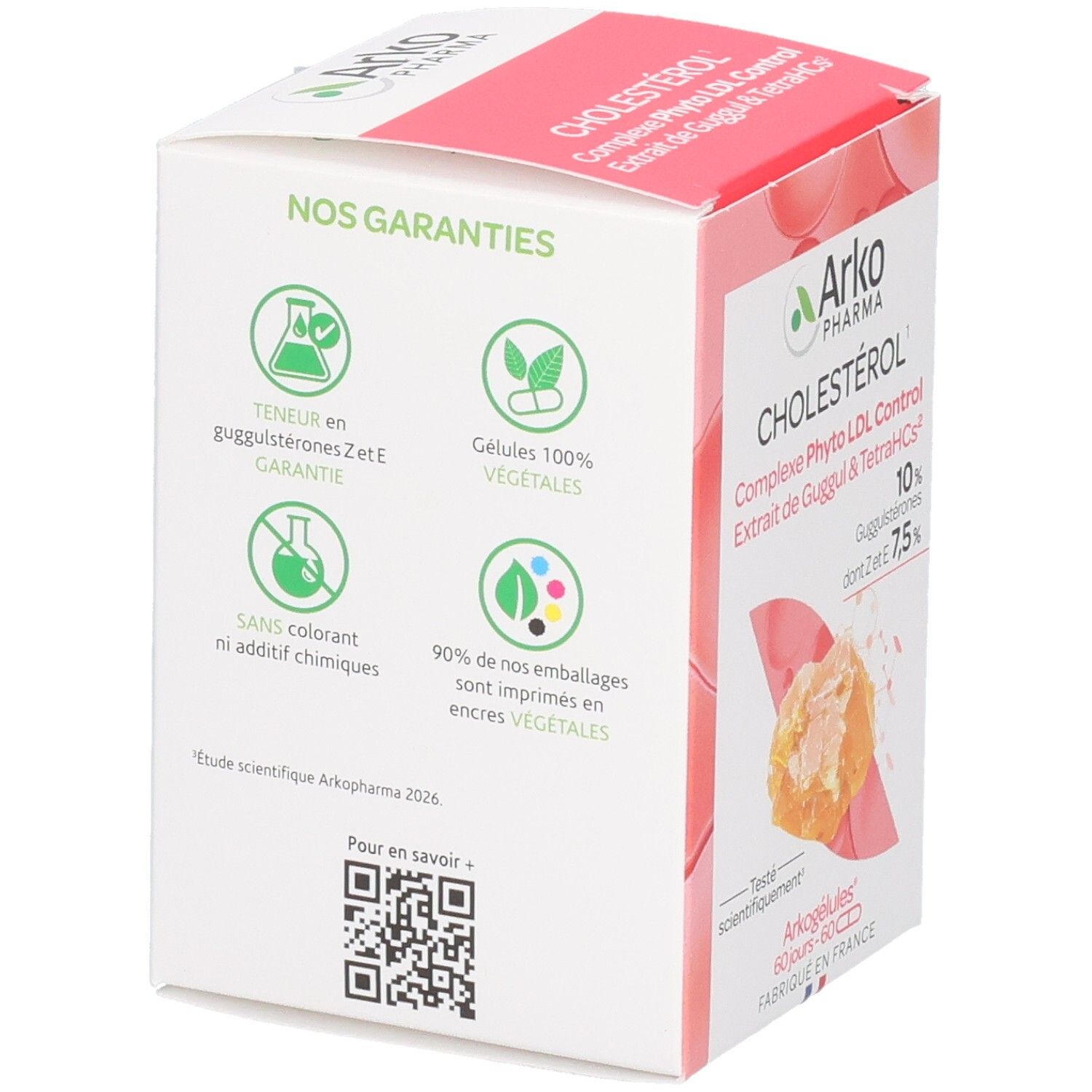 Dos de l'emballage du produit. Logos: Garantie, gélules 100% végétales, sans colorant, 90% emballages imprimés avec encres végétales.