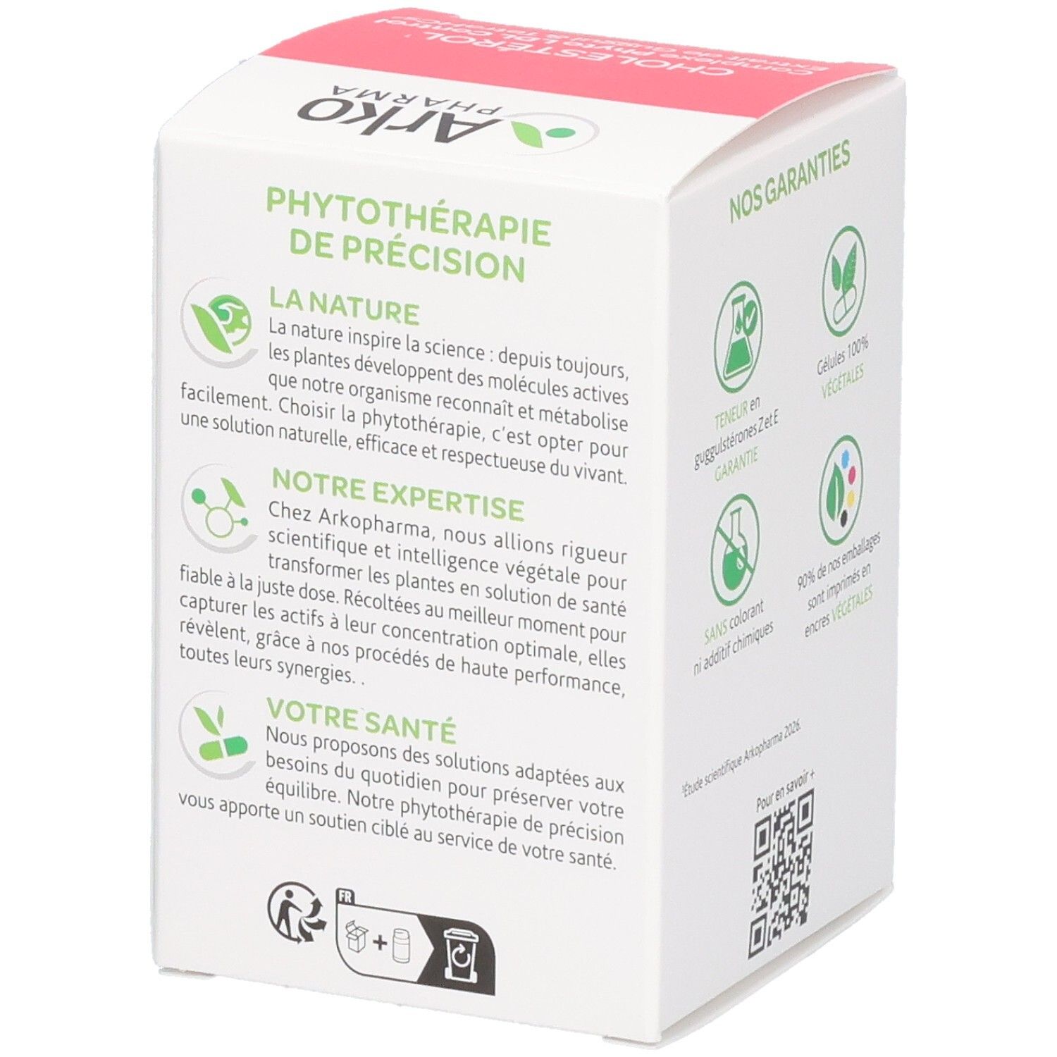 Emballage du produit avec texte: Phytothérapie de précision. Logos: Nature, Expertise, Votre santé. Code QR et pictogrammes.