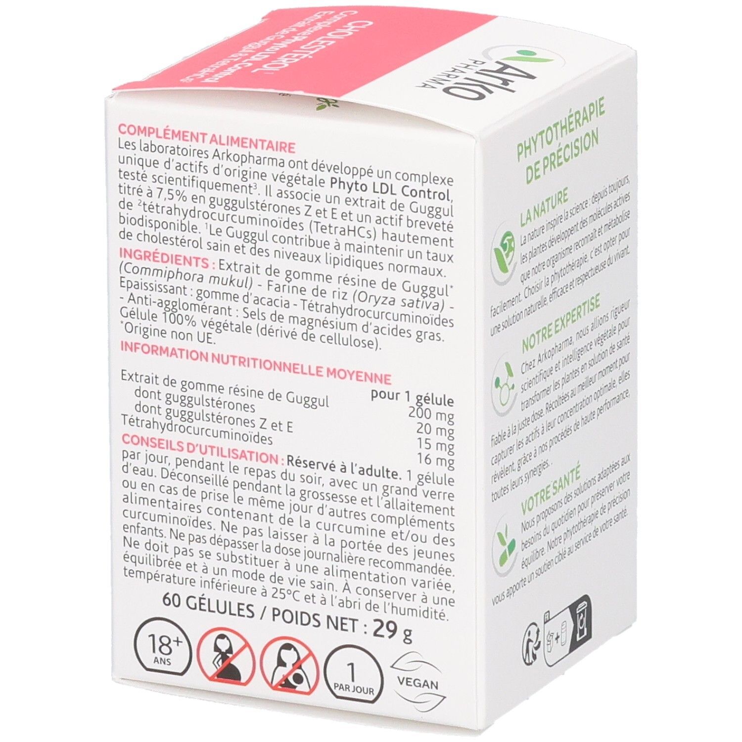 Côté de l'emballage du produit avec ingrédients et informations nutritionnelles. Texte: 60 gélules/Poids net 29g. Pictogrammes: 18+, non enfants, vegan.