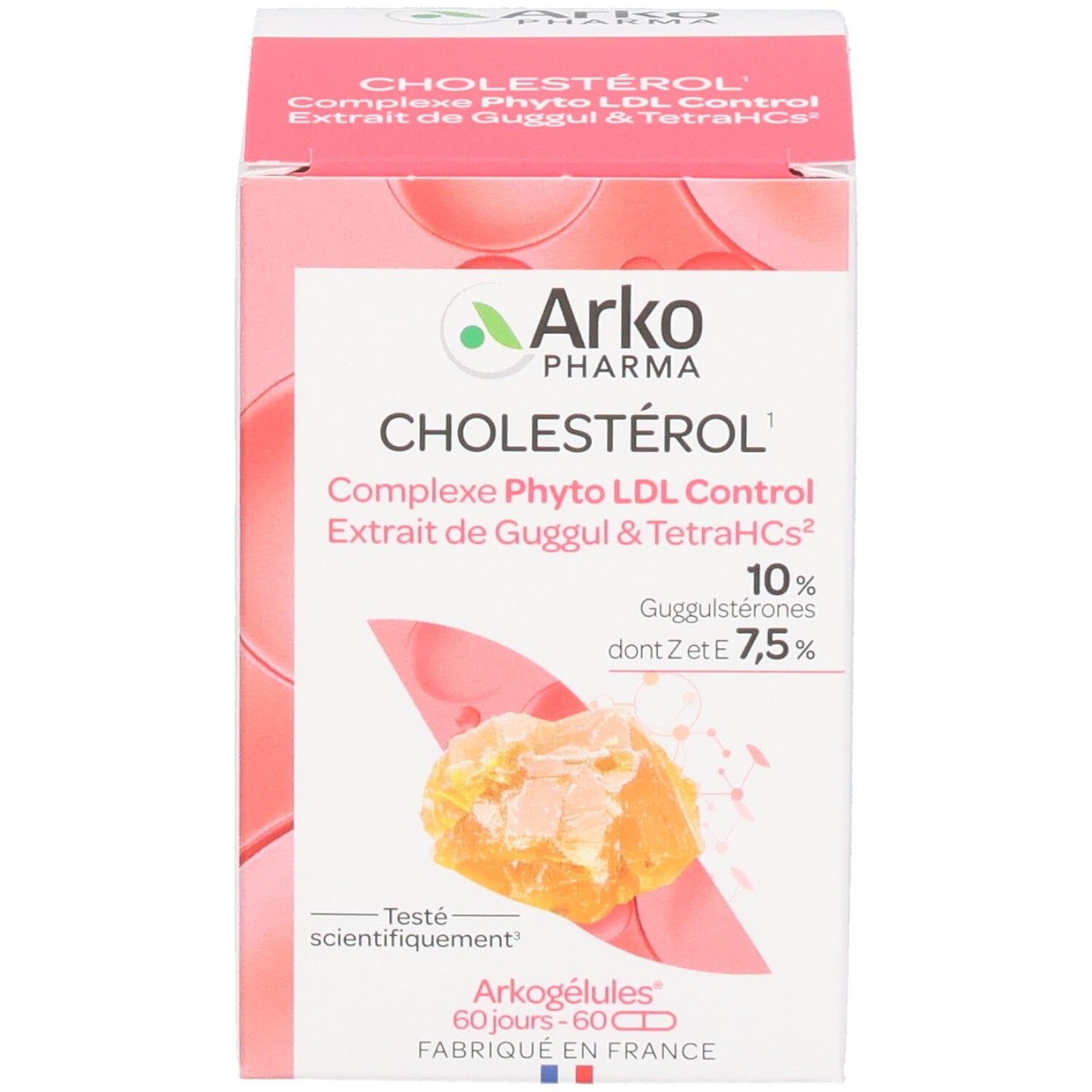 Emballage du produit avec texte: Cholestérol, Complexe Phyto LDL Control. Marque: Arko Pharma. Illustration d'extrait de Guggul. Texte: Arkogélules 60 jours.