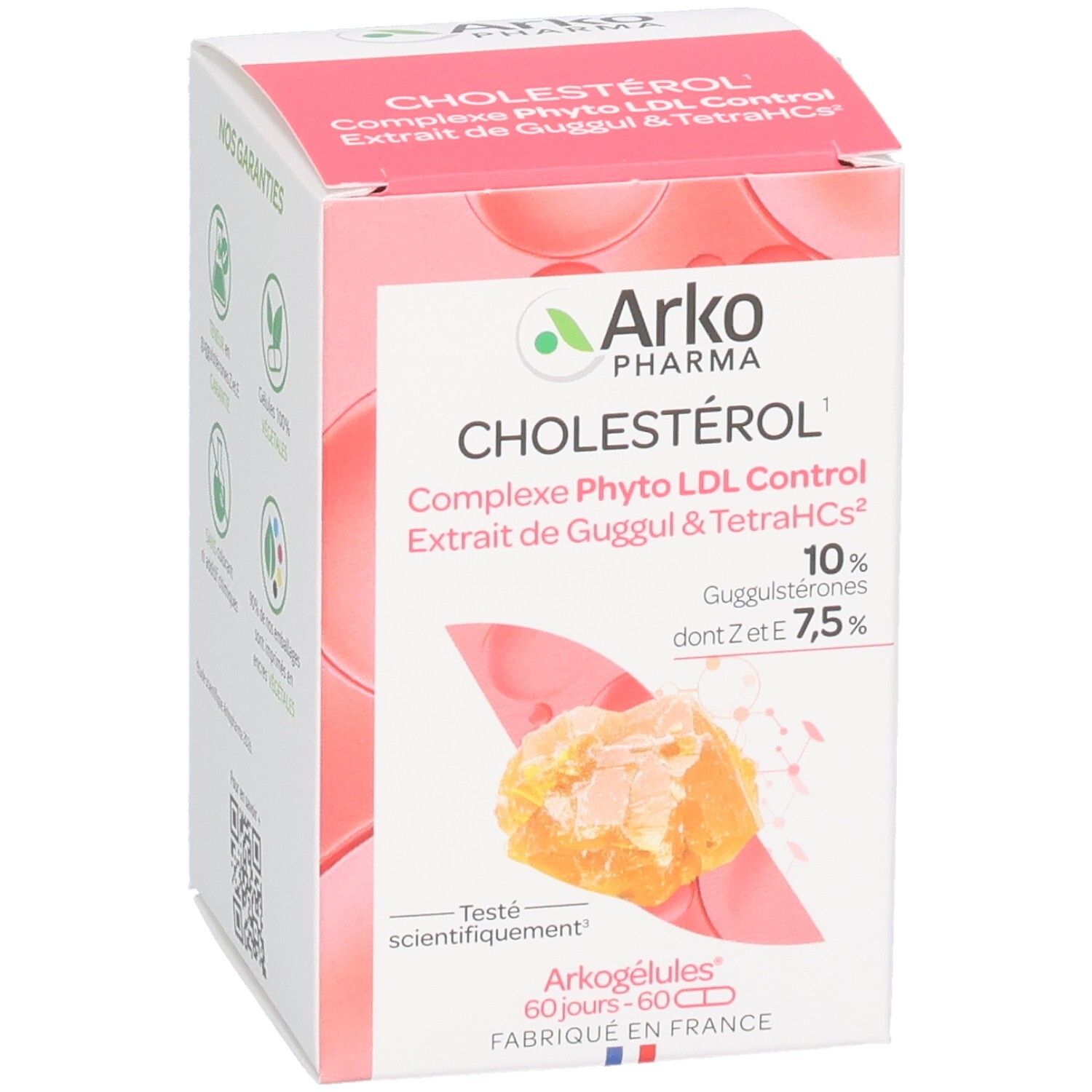 Emballage du produit avec texte: Cholestérol, Complexe Phyto LDL Control. Marque: Arko Pharma. Illustration d'extrait de Guggul. Texte: Arkogélules 60 jours.