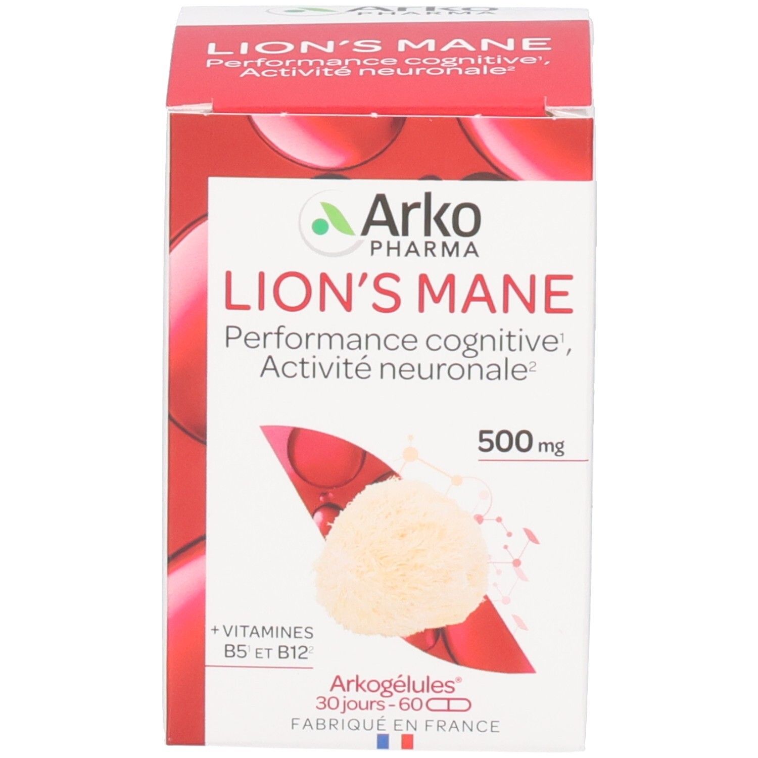 Emballage rouge avec nom du produit, logo et informations. Nom du produit et logo bien visibles.