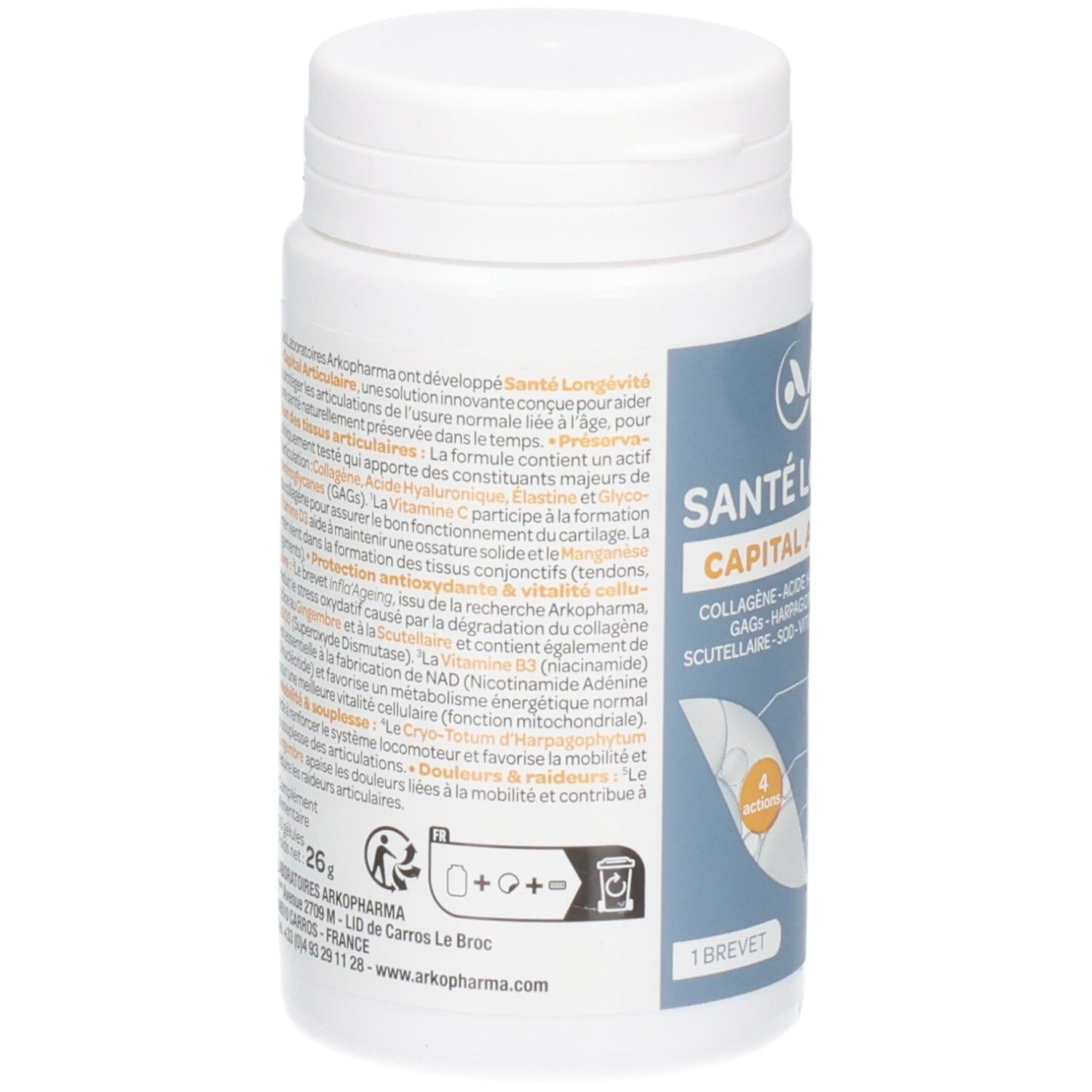 Arrière d'un flacon de gélules Arko Pharma Santé Longévité Capital Articulaire.