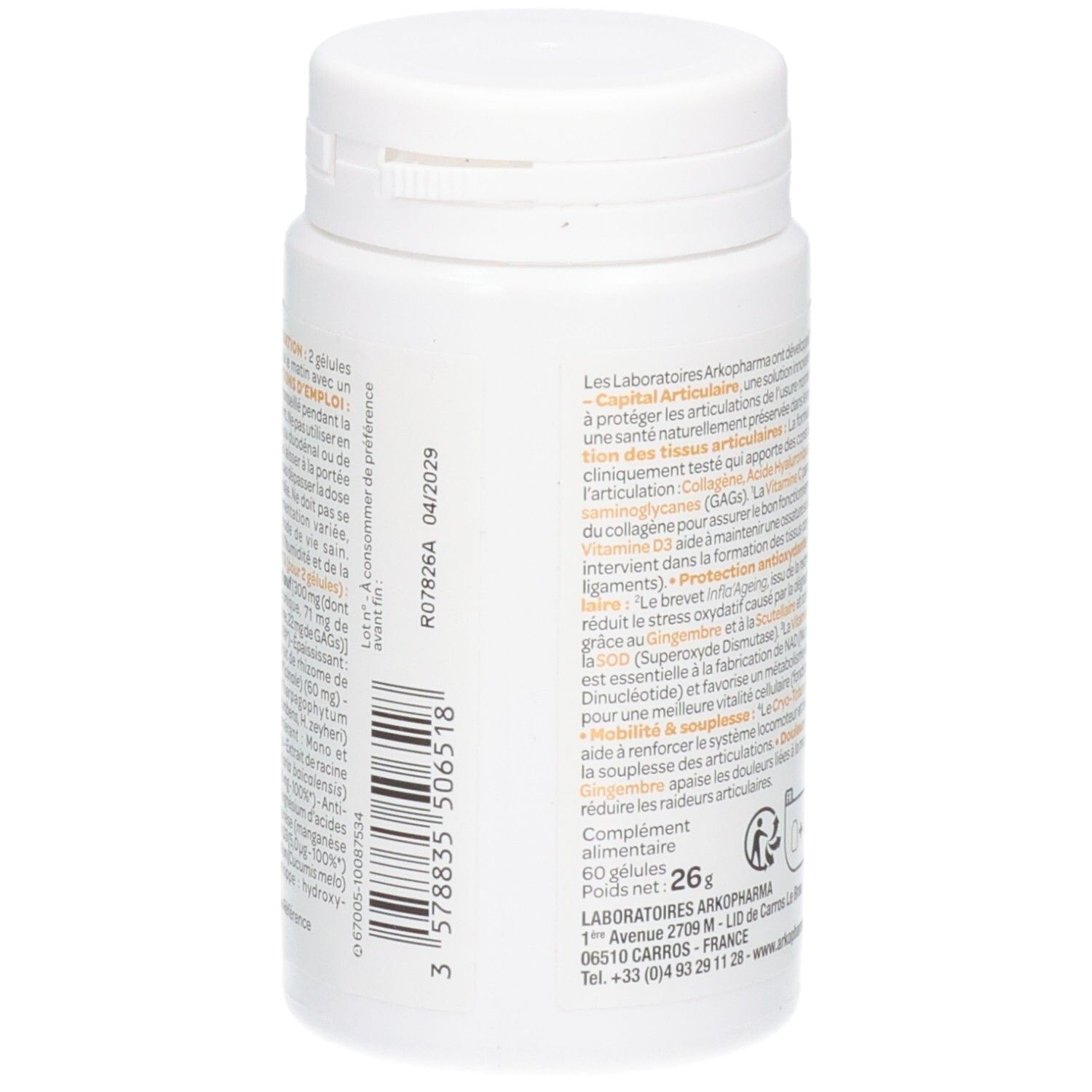 Vue latérale d'un flacon de gélules Arko Pharma Santé Longévité Capital Articulaire avec code-barres.